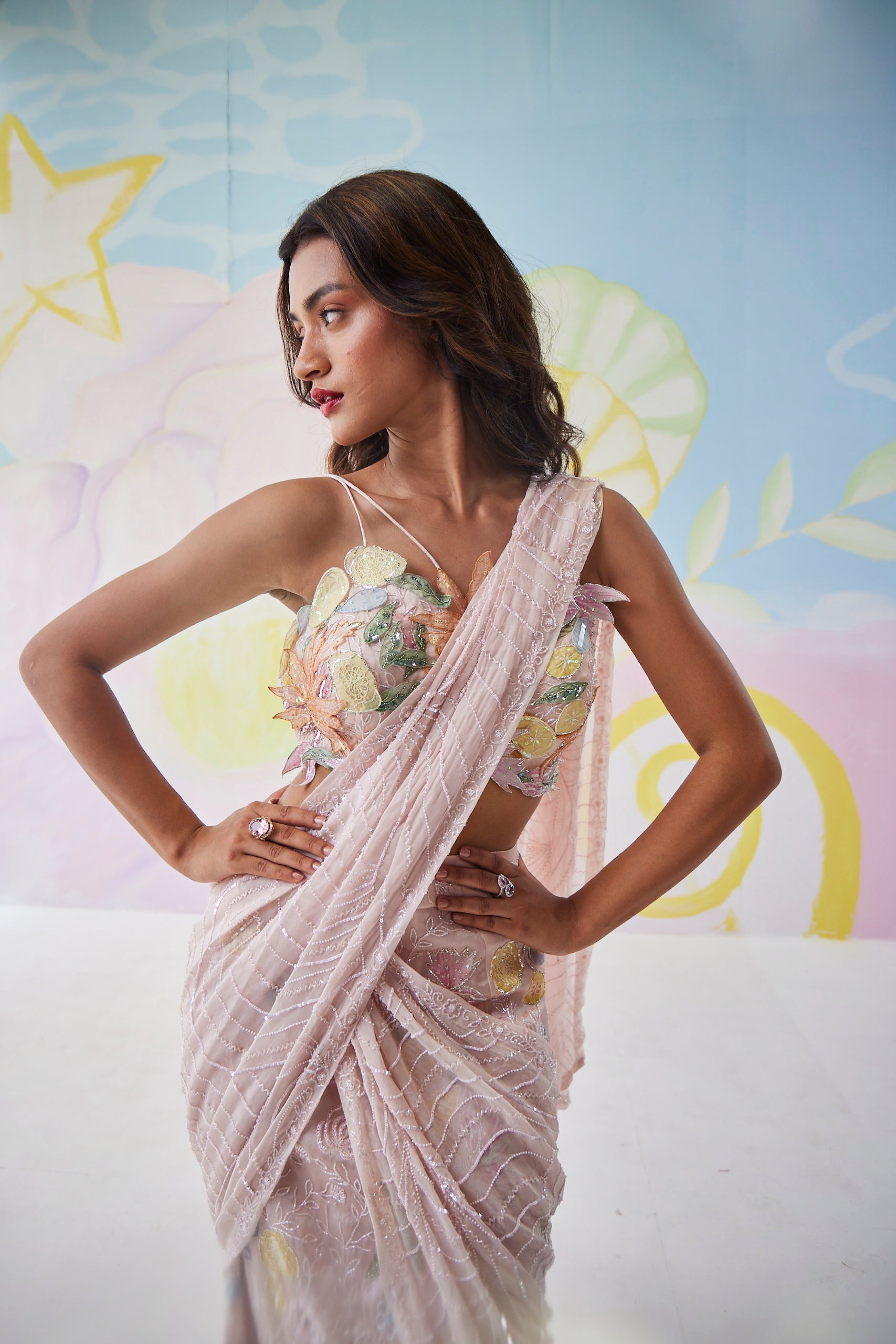 Elysian Blush Pink Handpainted Mermaid Saree