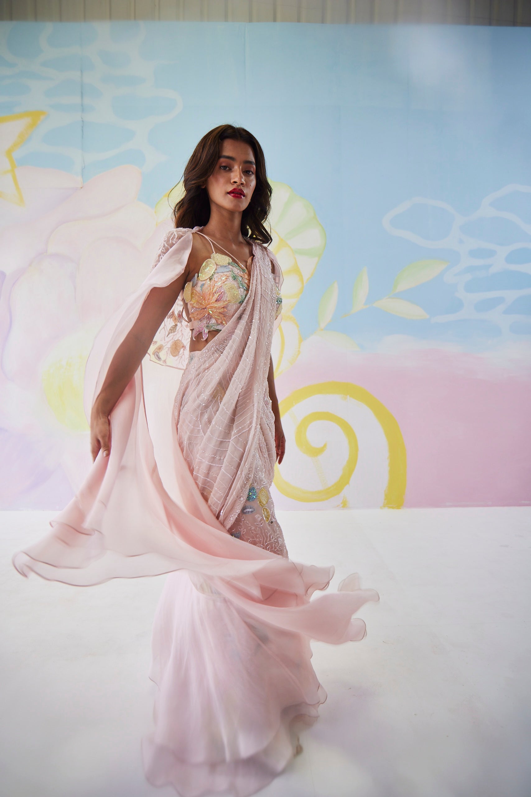 Elysian Blush Pink Handpainted Mermaid Saree