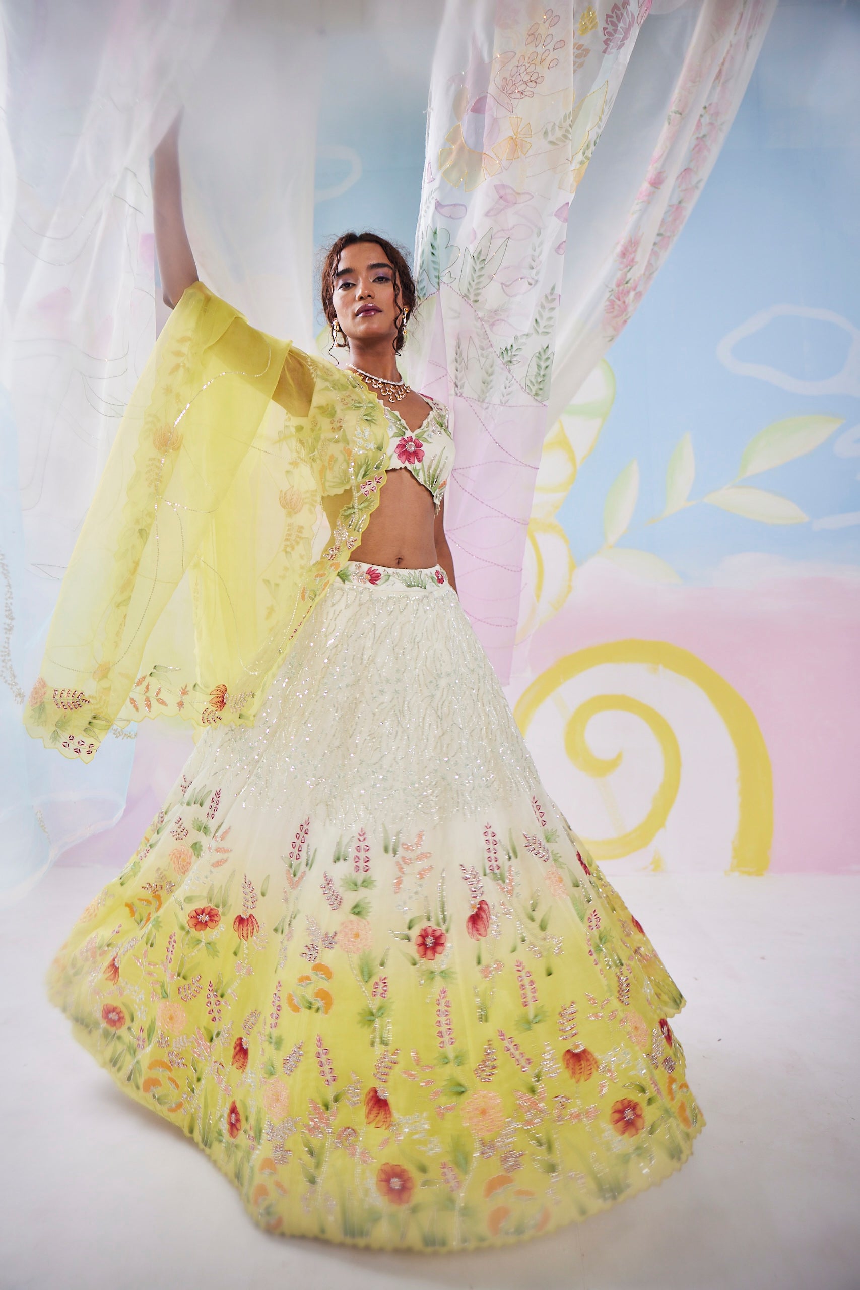Mimosa Ivory Yellow Handpainted Lehenga Set