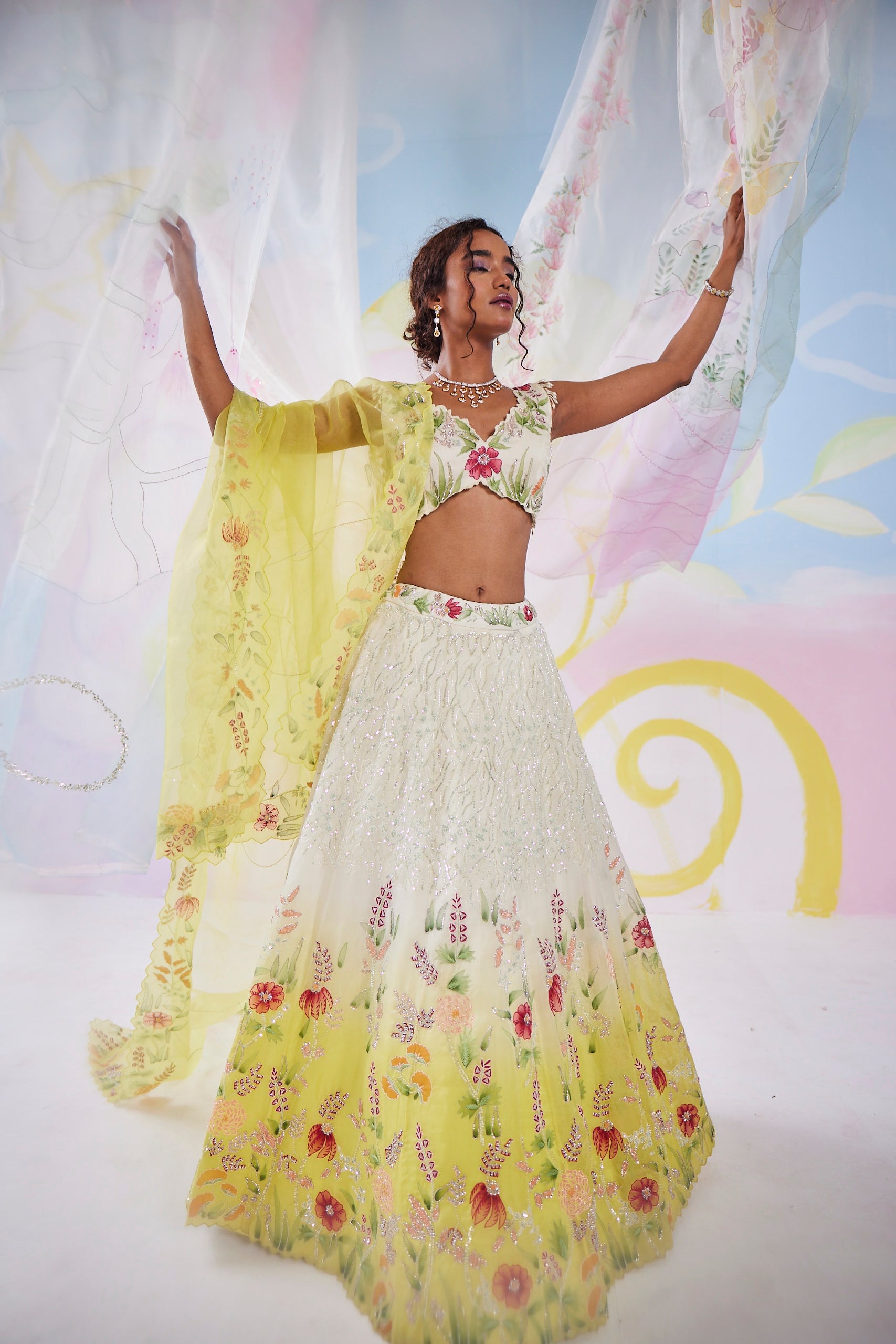 Mimosa Ivory Yellow Handpainted Lehenga Set