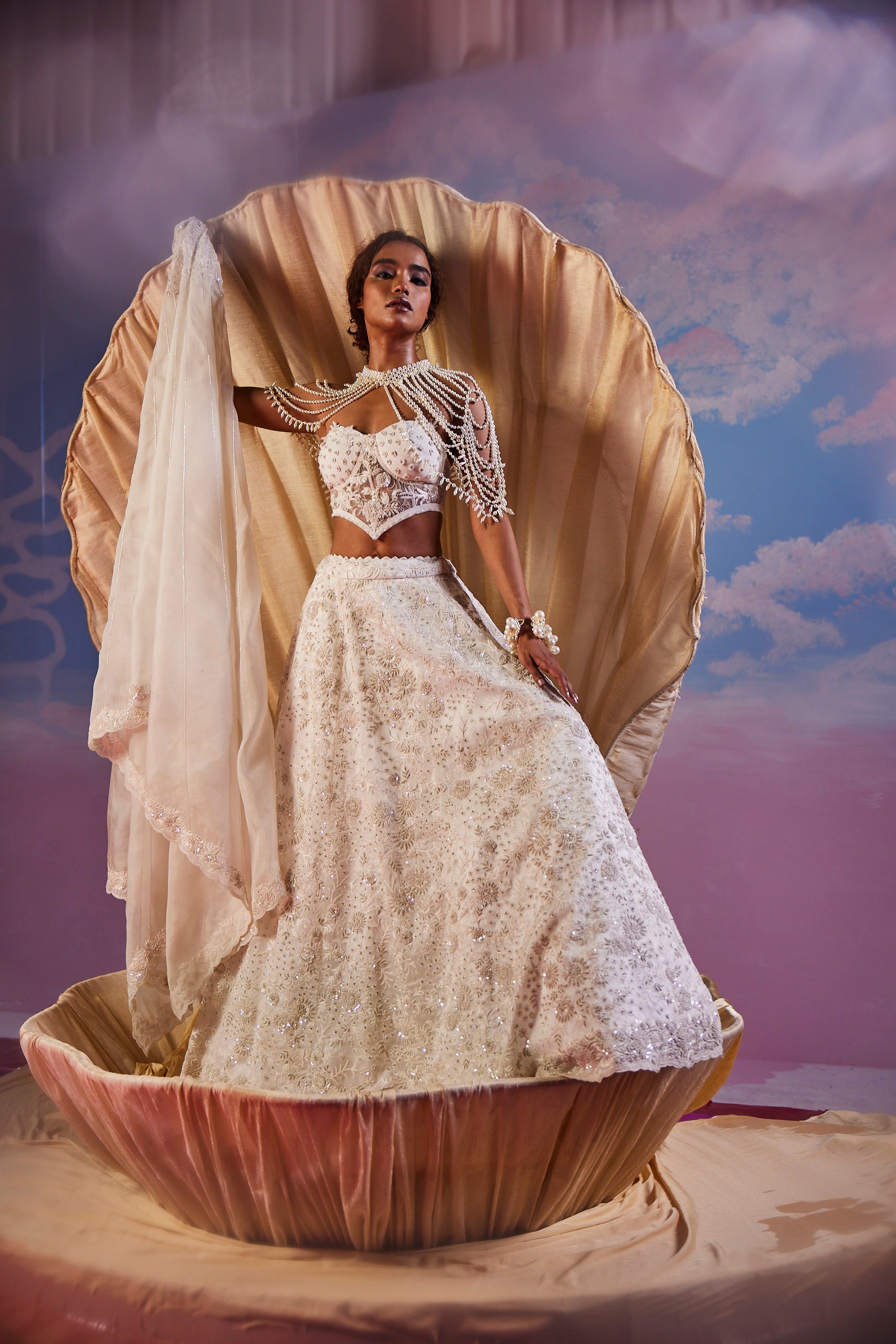 Eira Pearl White Cutdana Lehenga Set