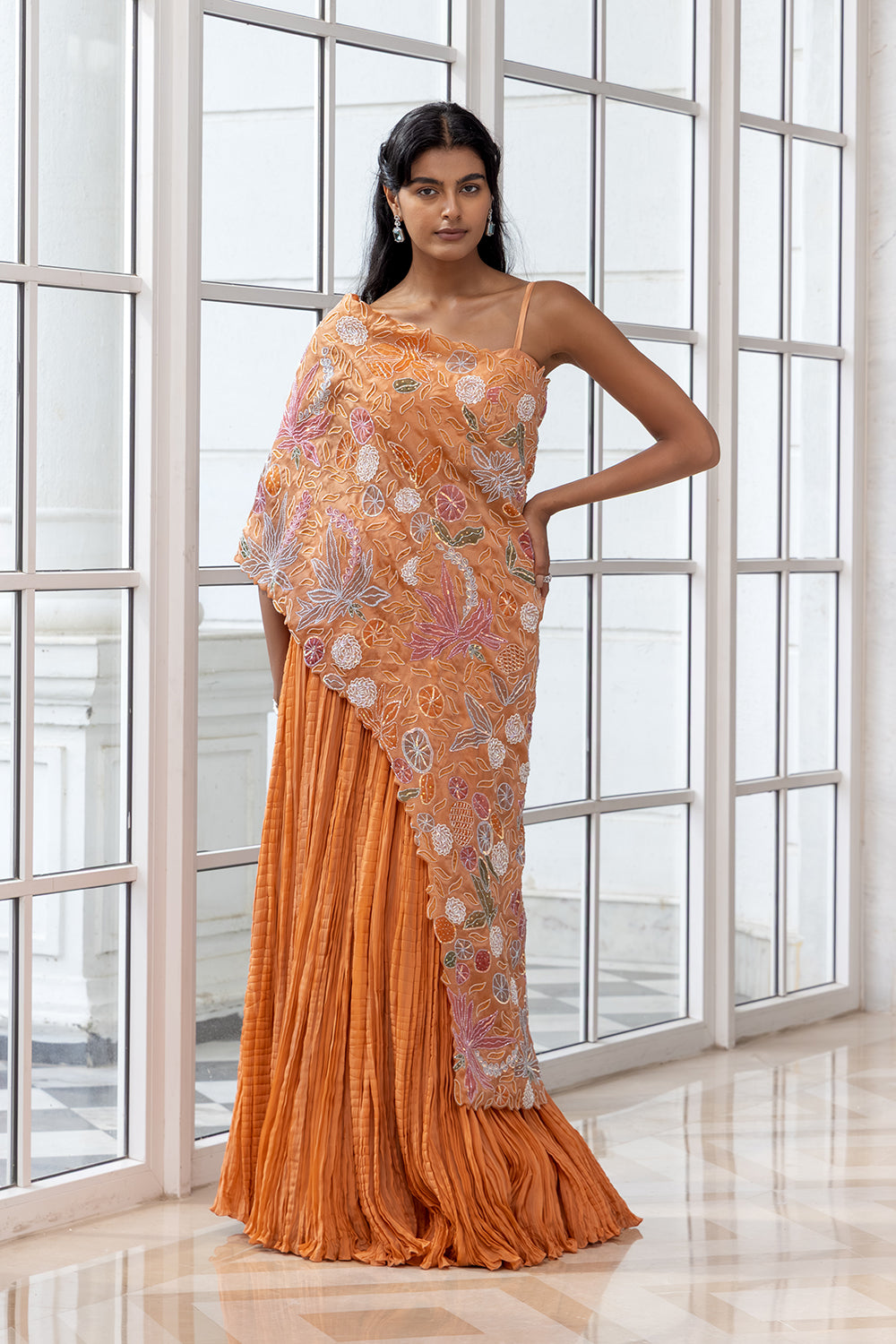 Zinnia Orange Floral Embroidered Cape with Inner Dress
