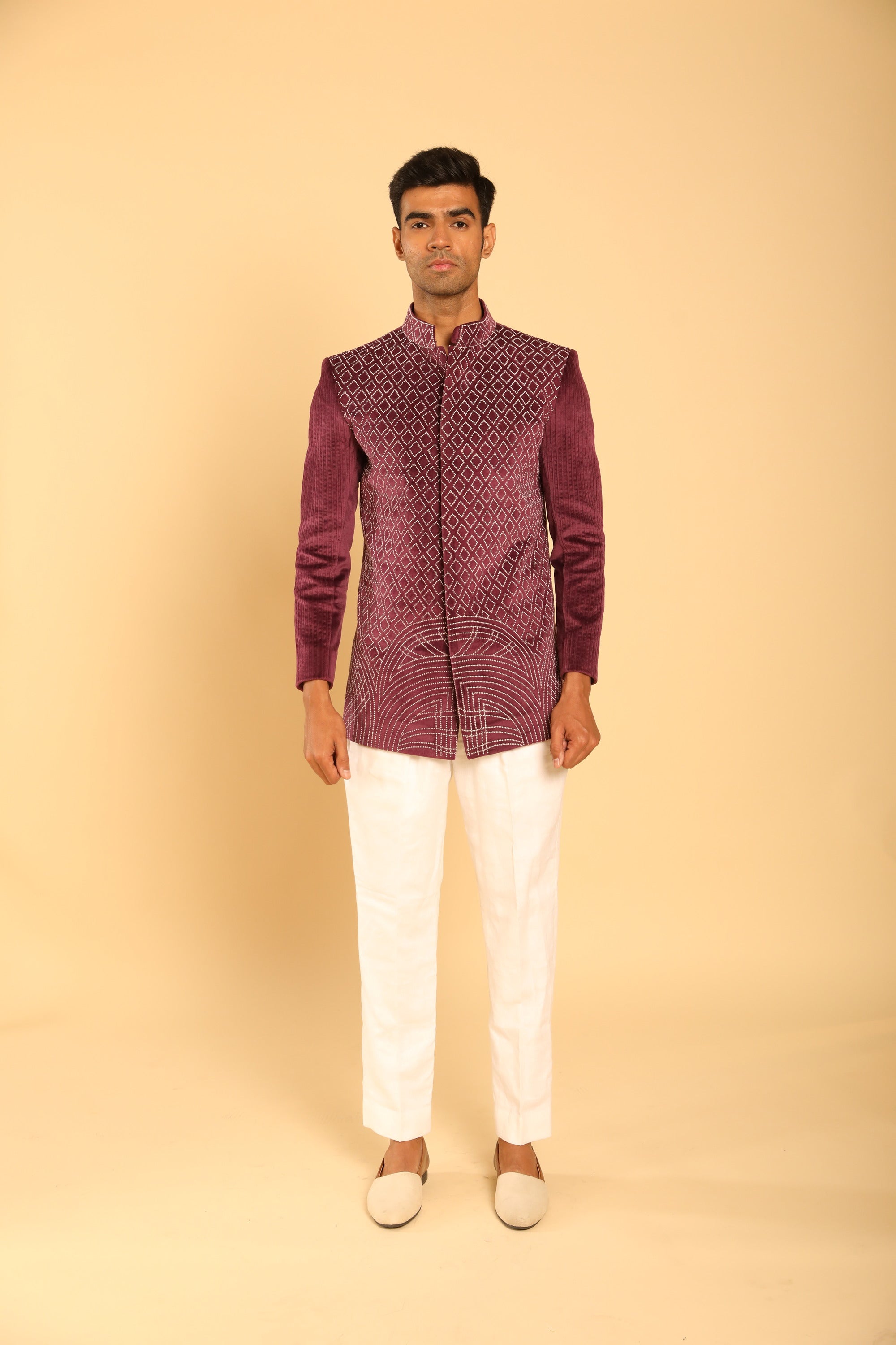 Wine Embroidered Bandhgala Set