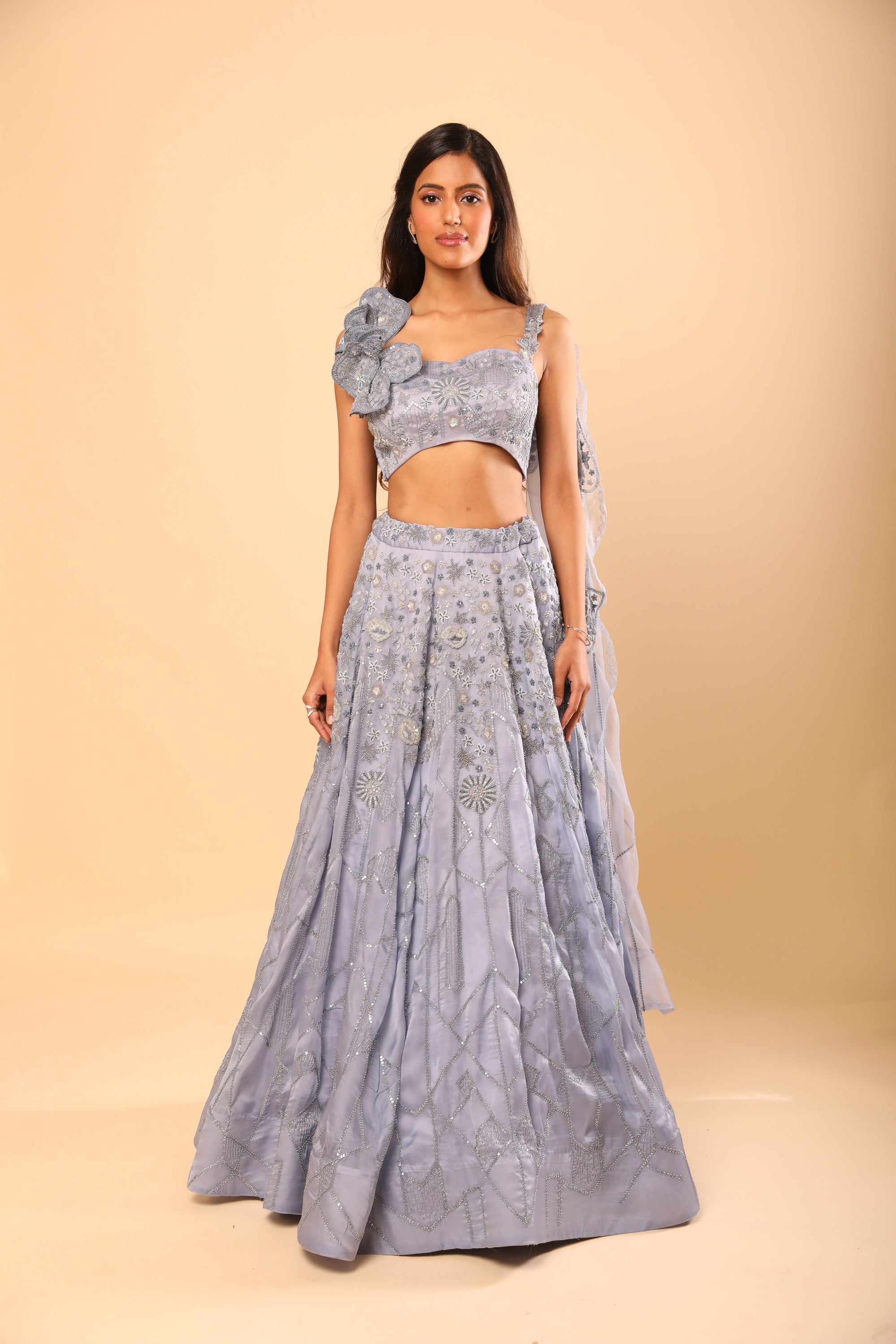 Light Steel Blue Embroidered Lehenga With Sequins, Katdana And Pearl Embroidery