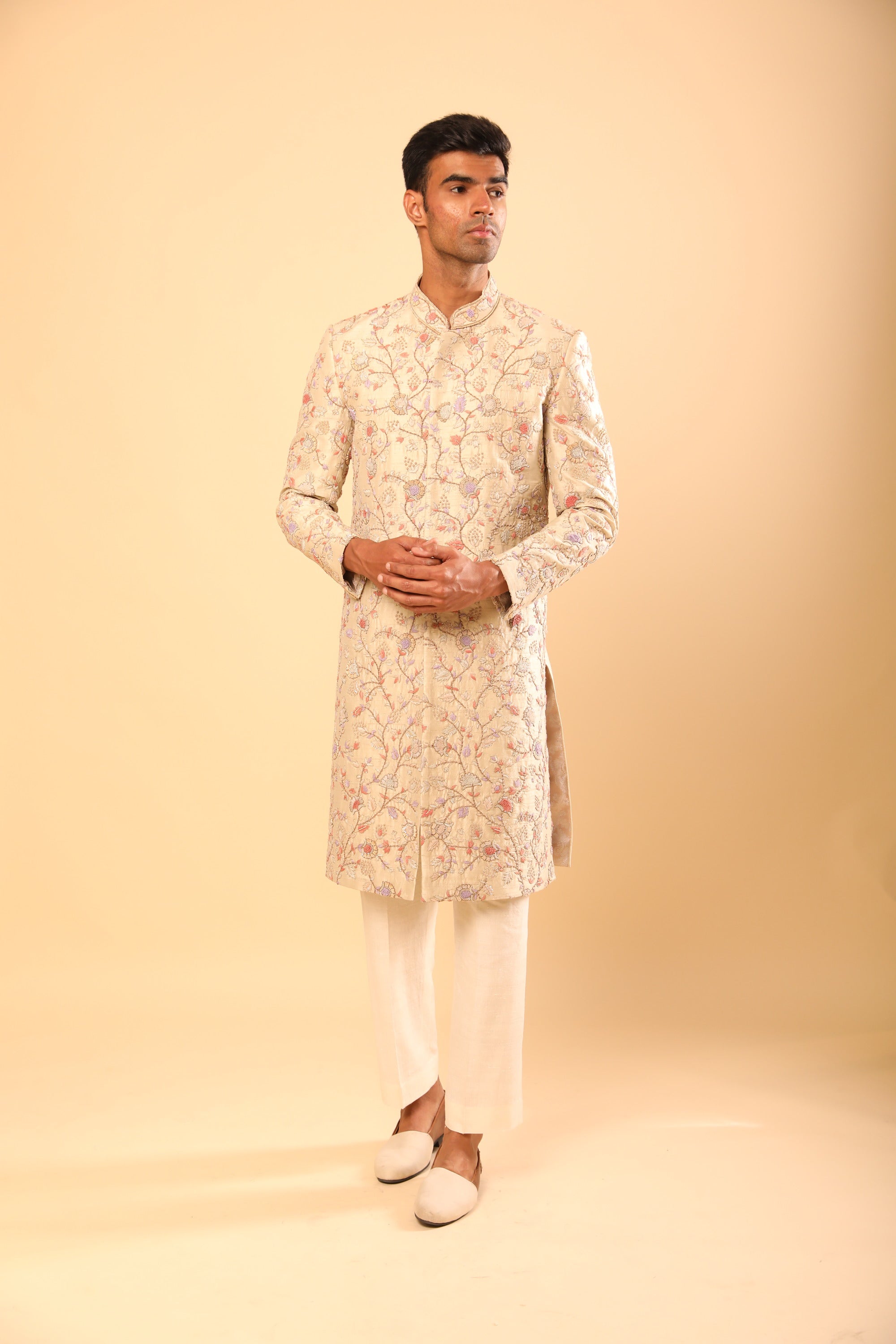 Beige Sherwani Set With French Knot Embroidery