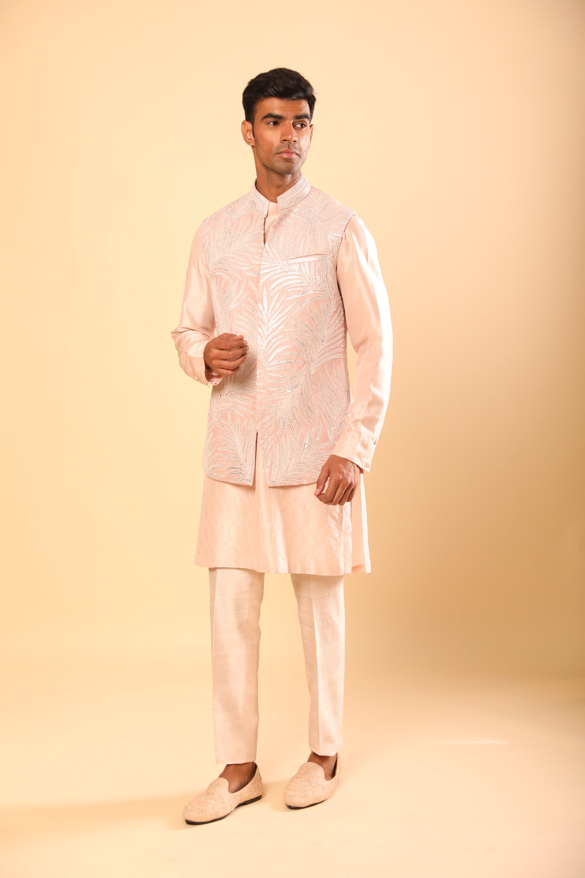 Blush Pink Bandhgala With Leaf Work Of Dhaga And Leather