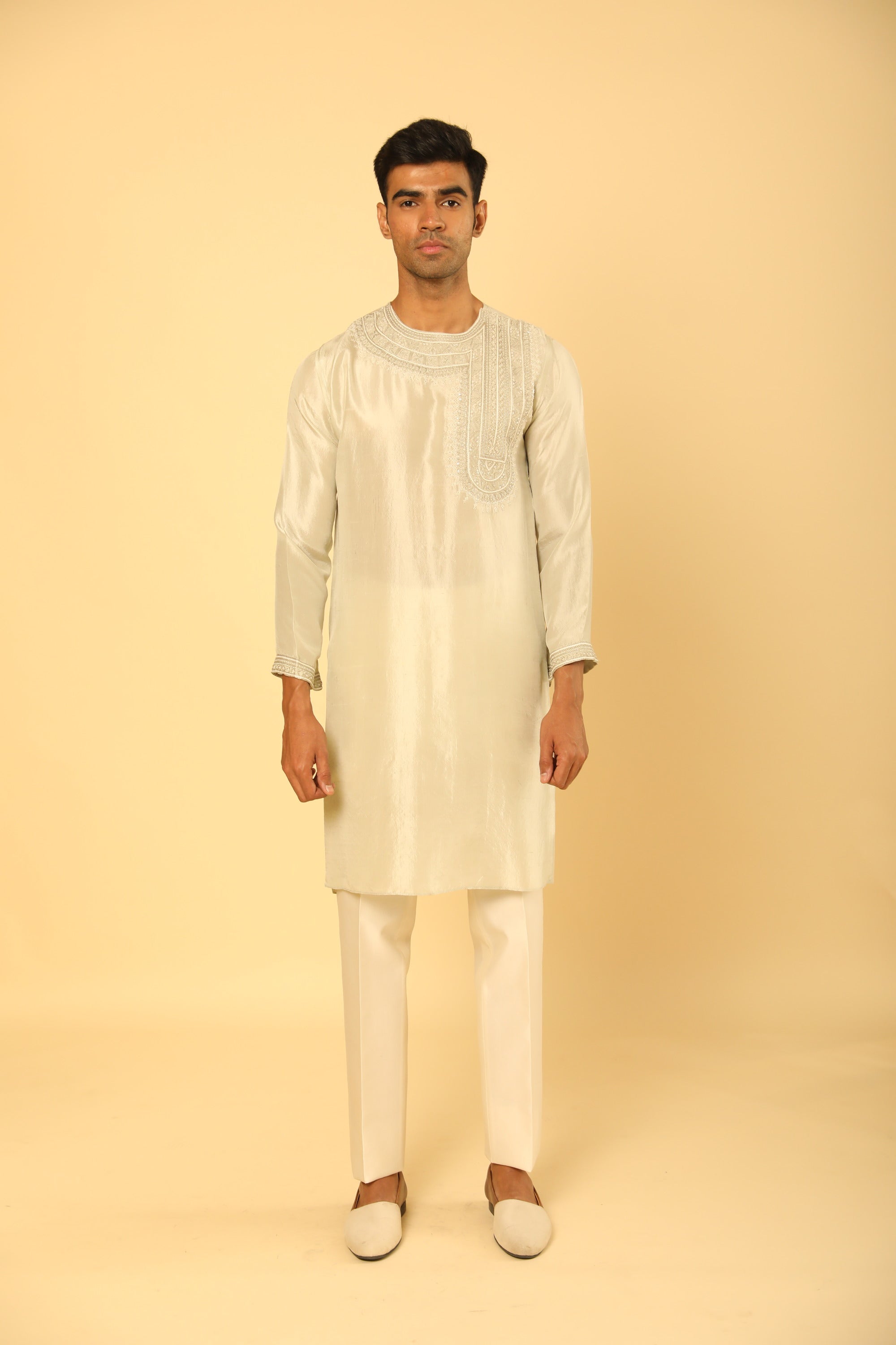 Pale Green Kurta Set With French Knot Embroidery