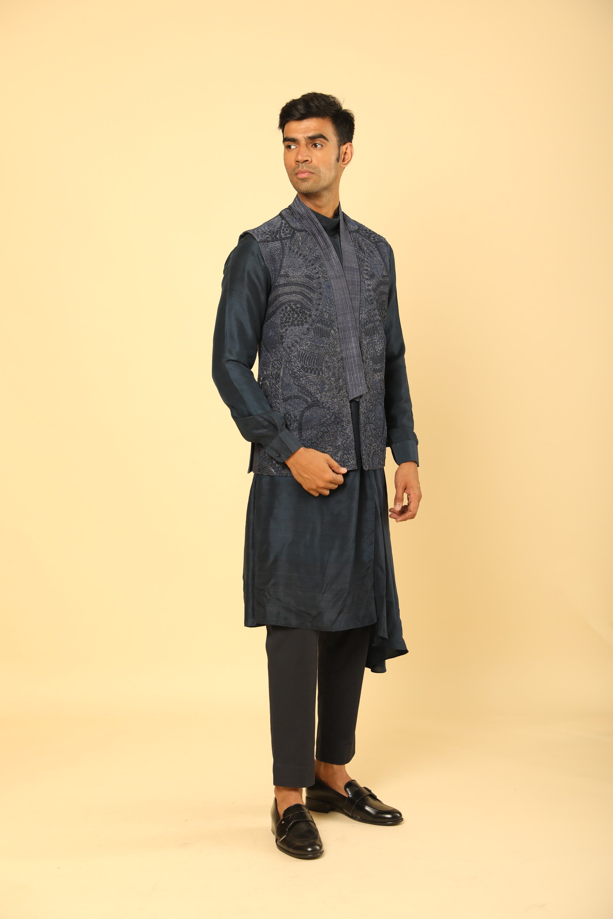 Embroidered Bundi And Drape Kurta Set