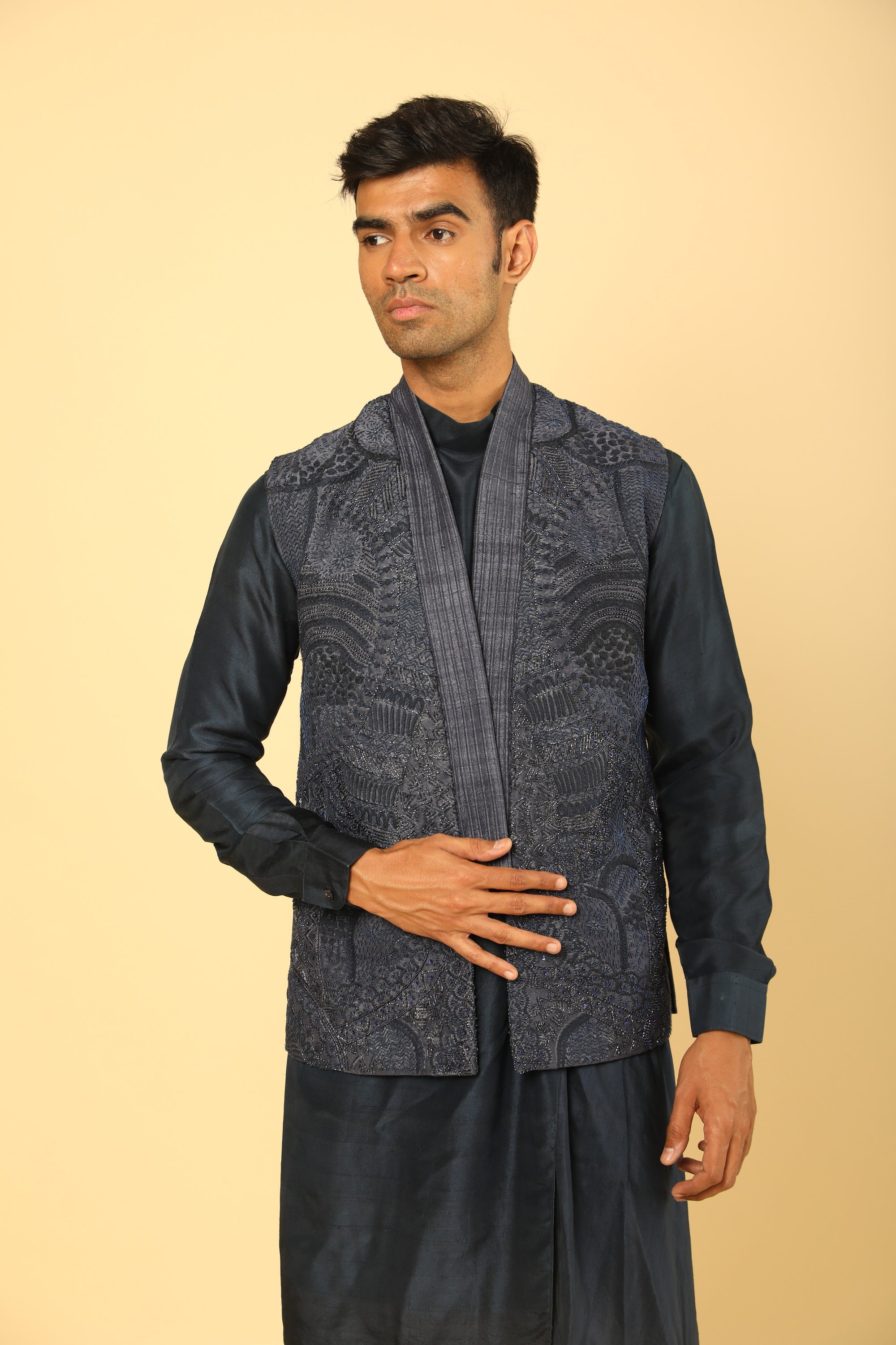 Embroidered Bundi And Drape Kurta Set
