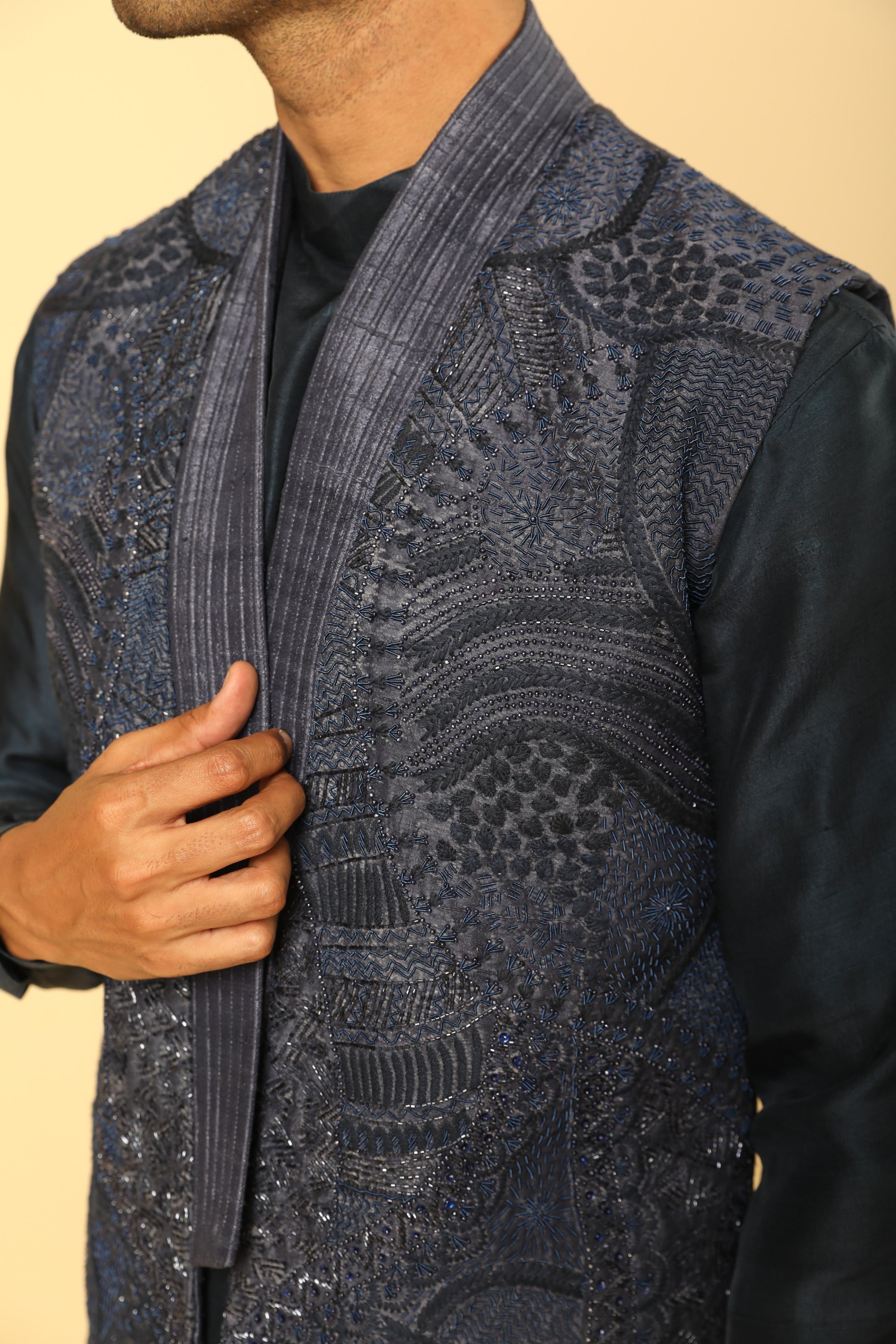 Embroidered Bundi And Drape Kurta Set