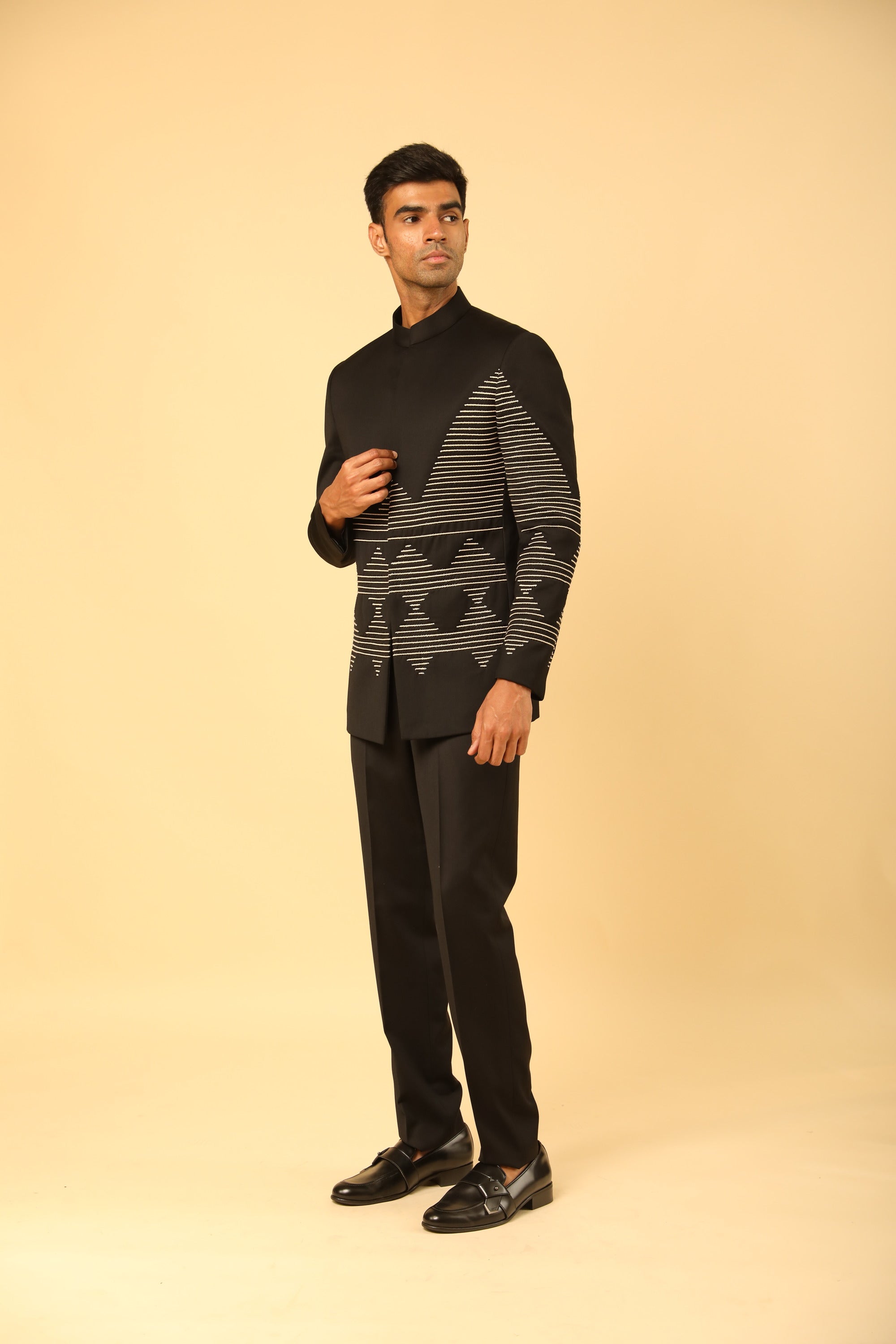 Black Raw Silk Bandhgala Set With Dori Work
