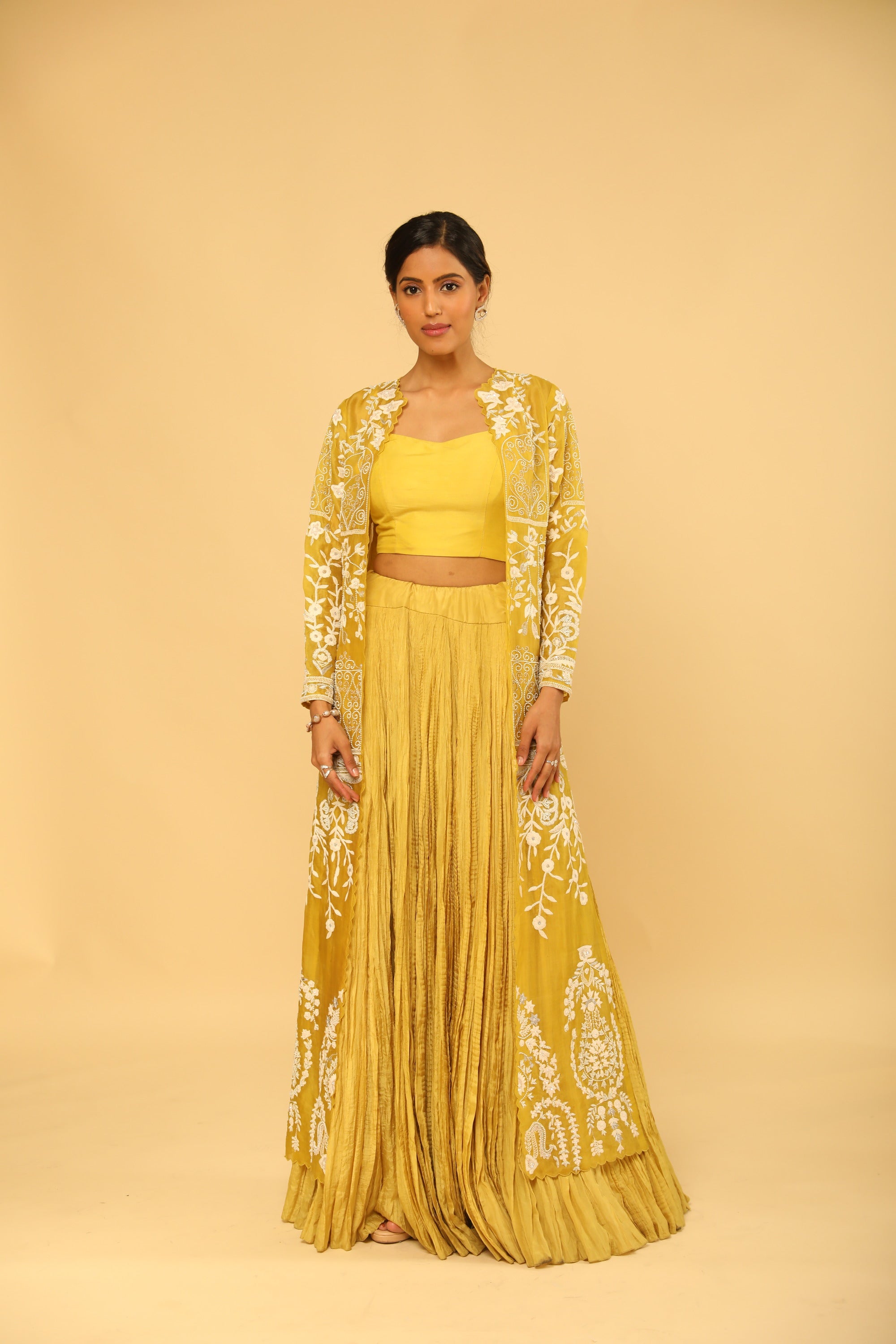 Yellow Mid Length Embroidered Jacket With Silk Bustier And Skirt