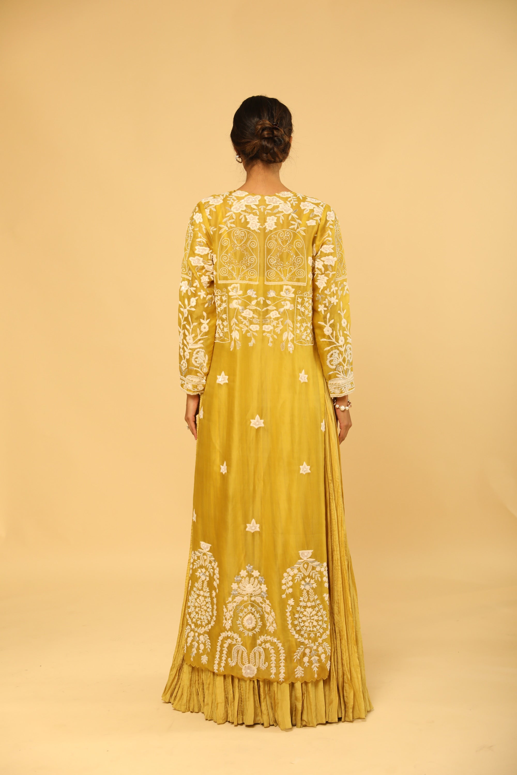 Yellow Mid Length Embroidered Jacket With Silk Bustier And Skirt