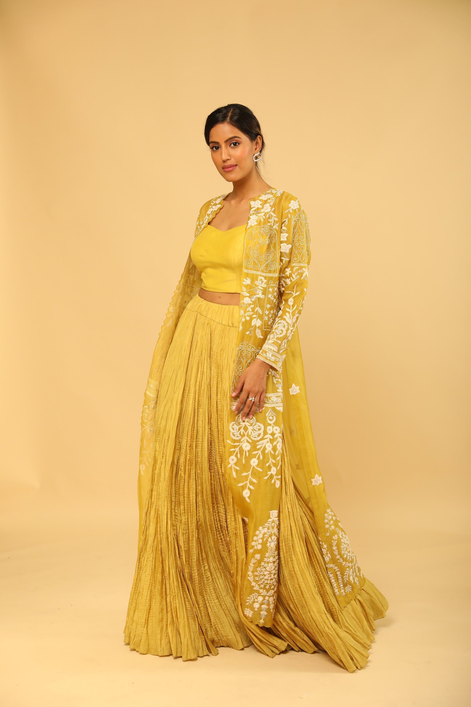 Yellow Mid Length Embroidered Jacket With Silk Bustier And Skirt