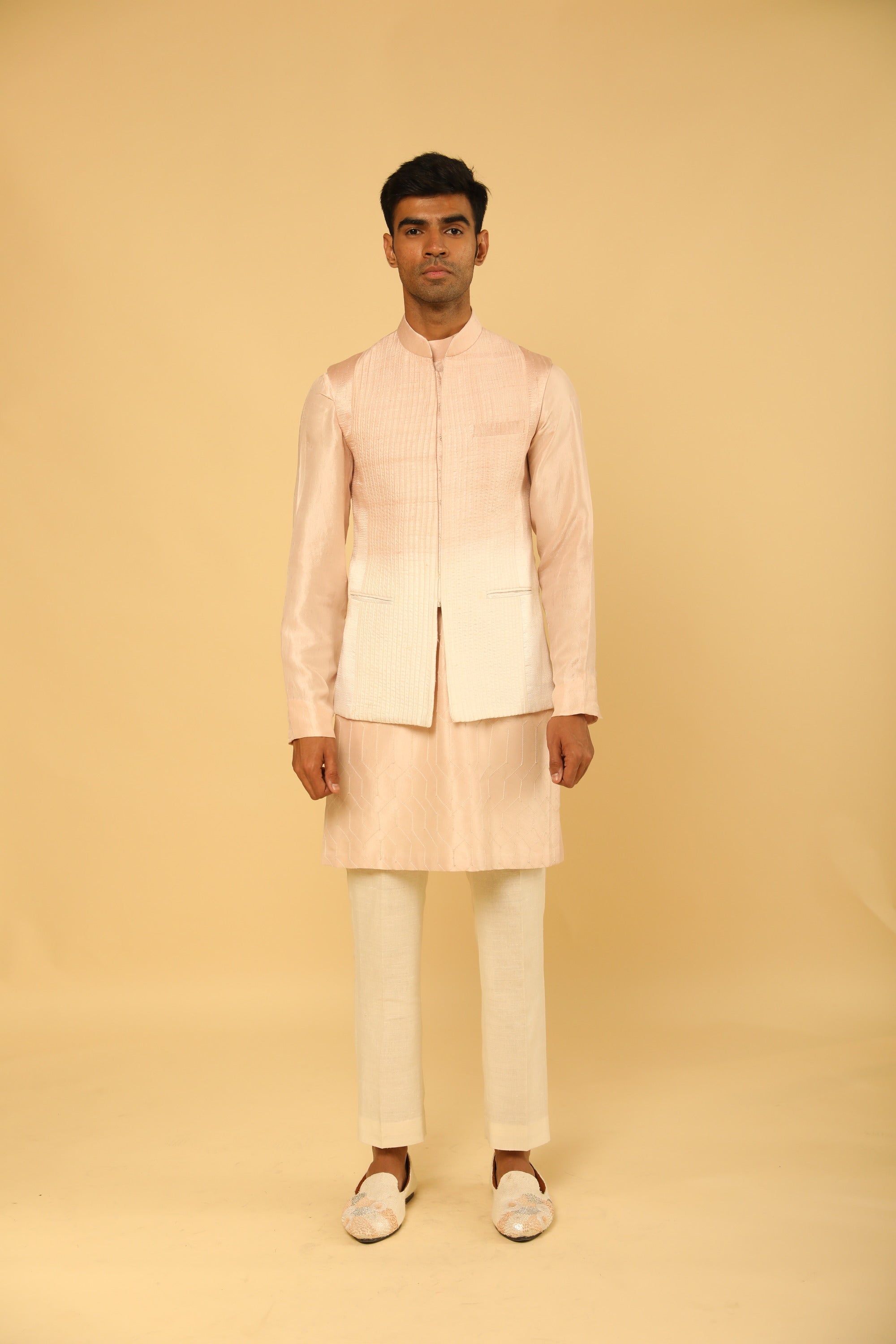 Blush Pink Pintuck Bundi And Kurta Set With Fine Dori Work