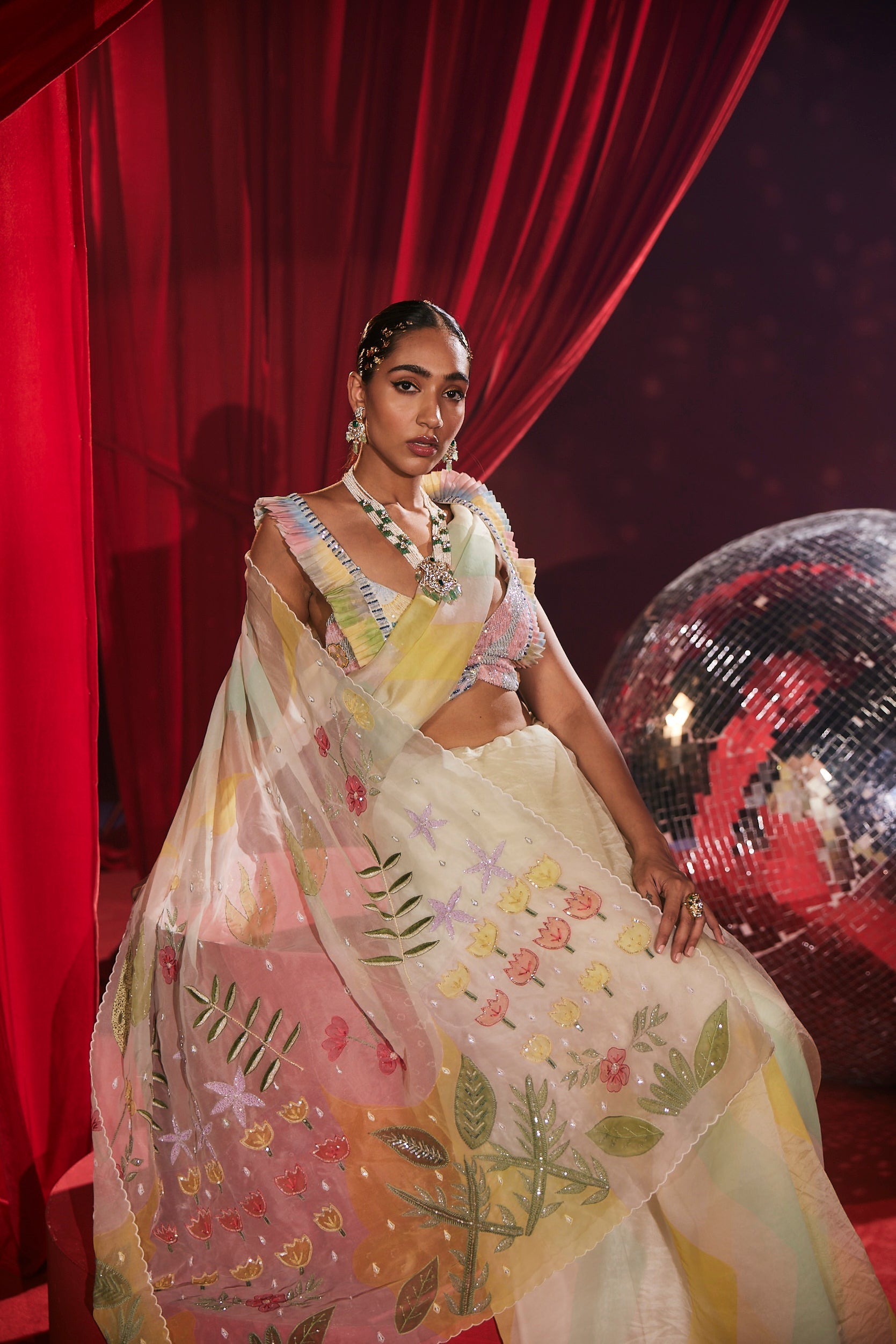 Multi Coloured Frilled Blouse Leheriya Saree