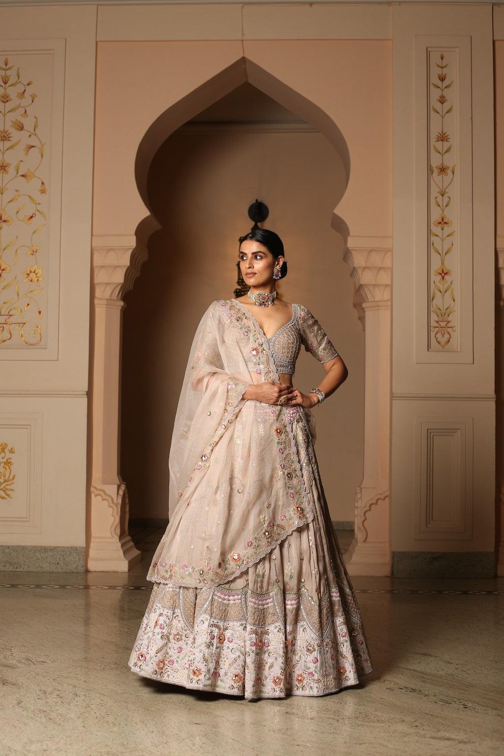 Amina Caramel Ivory Gota Embroidered Lehenga Set With Blush Organza Dupatta