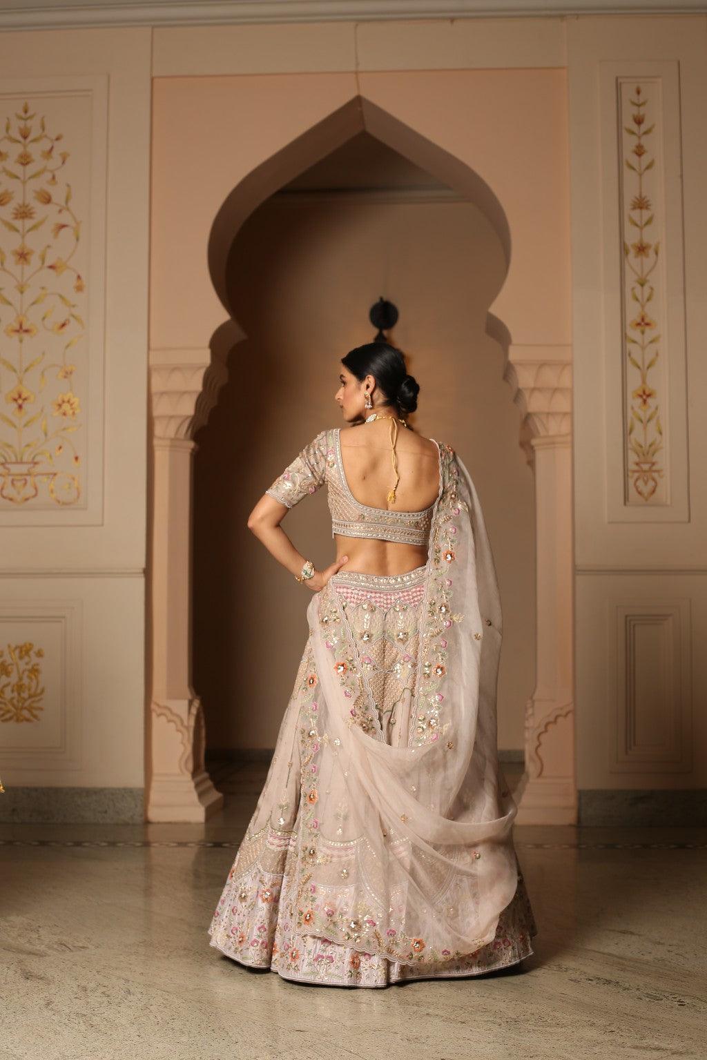 Amina Caramel Ivory Gota Embroidered Lehenga Set With Blush Organza Dupatta