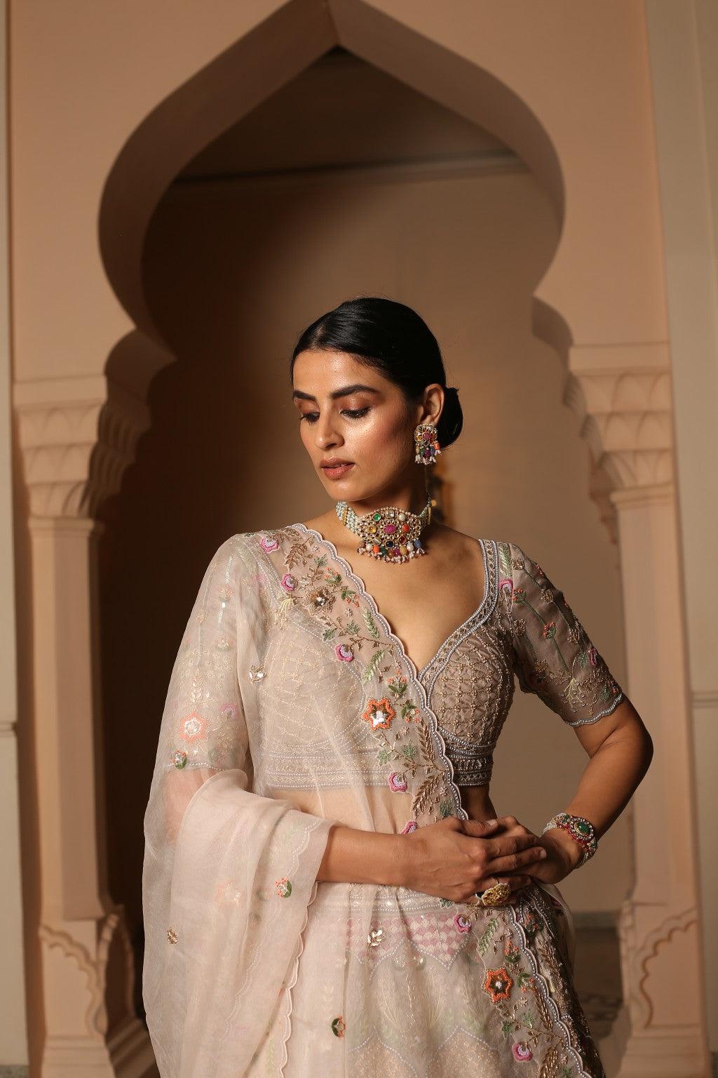 Amina Caramel Ivory Gota Embroidered Lehenga Set With Blush Organza Dupatta