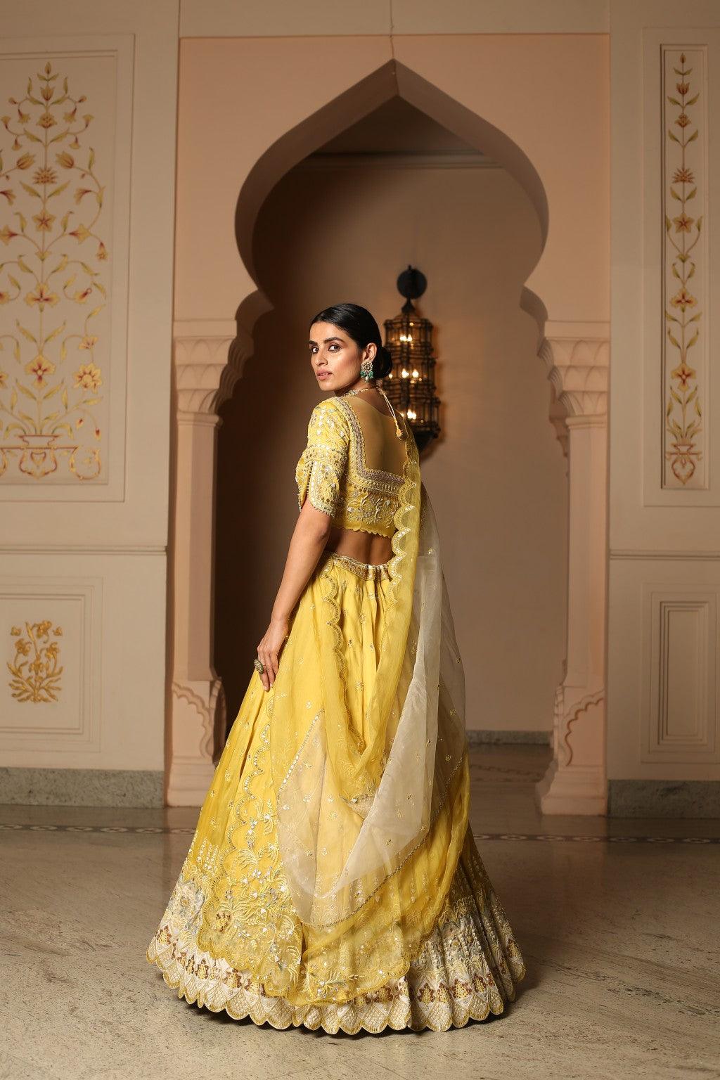 Ayatee Lemon Grey Ombre Gota Embroidered Organza Lehenga Set