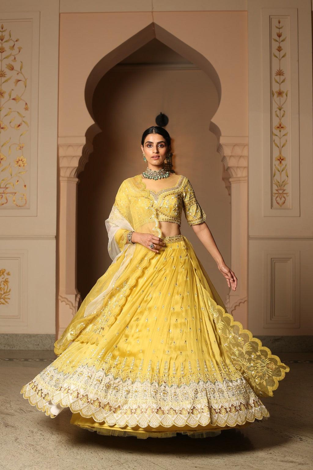 Ayatee Lemon Grey Ombre Gota Embroidered Organza Lehenga Set