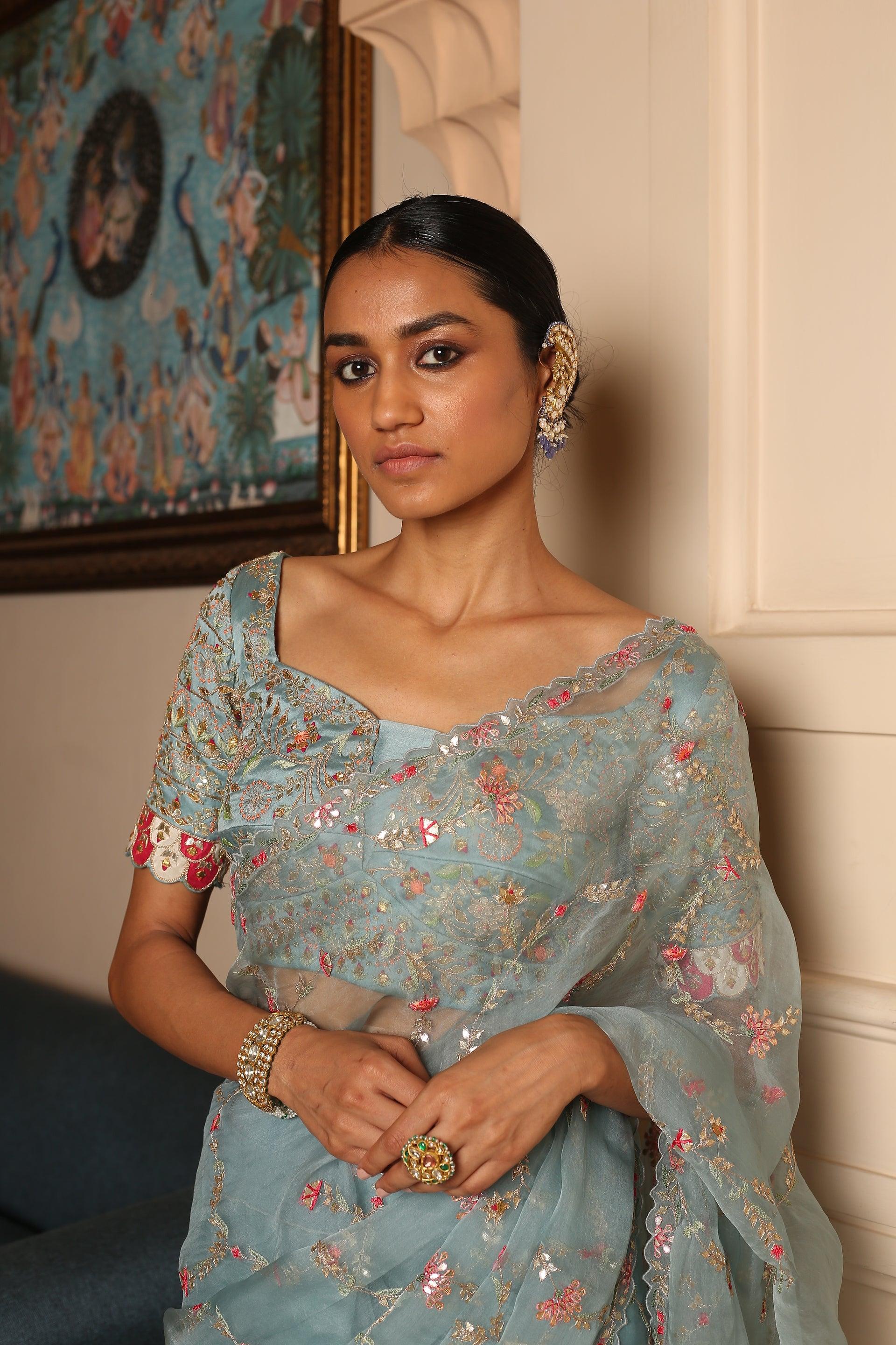 Esra Ice Grey Organza Saree With Gota & Jaal Embroidery And Kora Silk Blouse