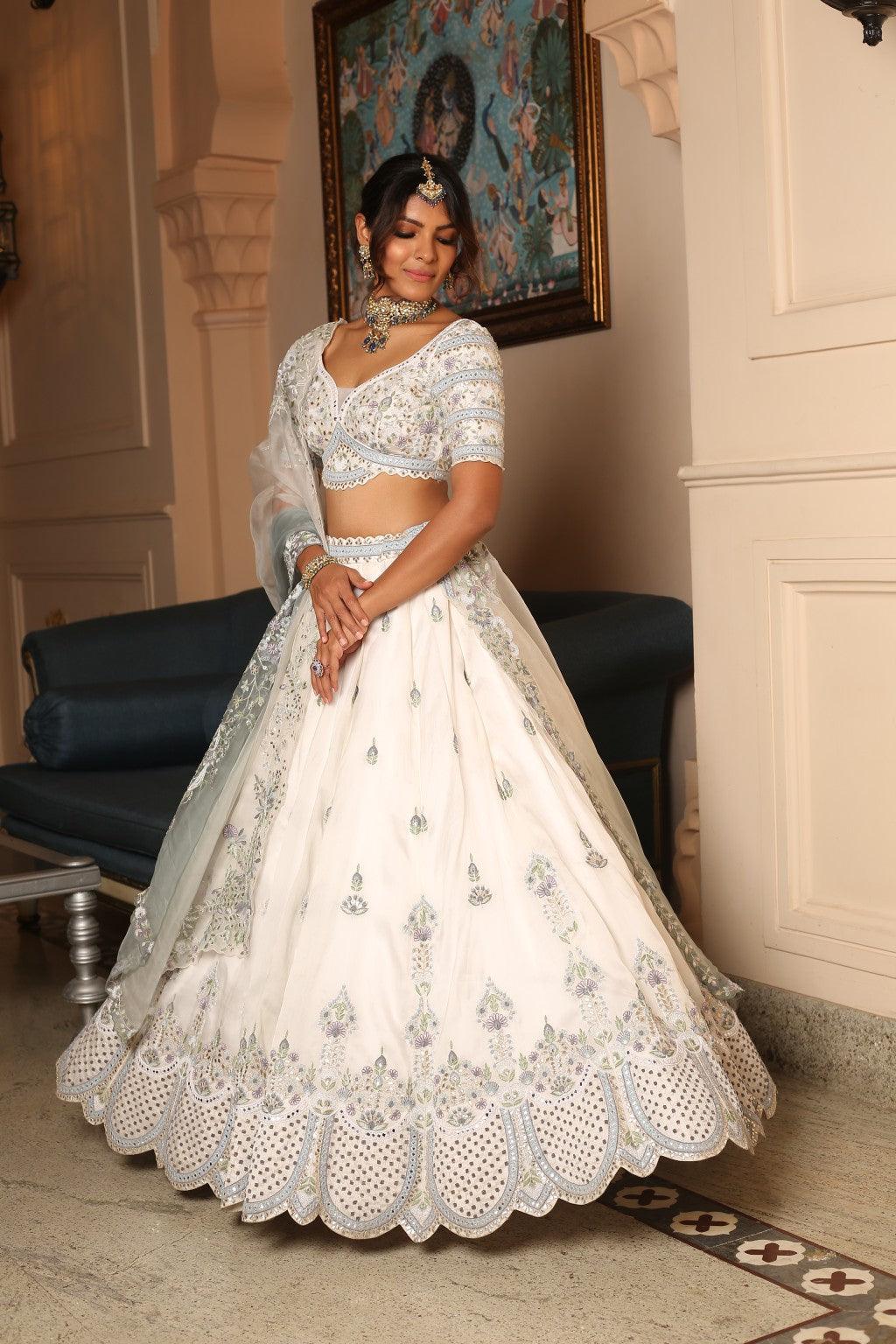 Mahiraa Ivory Satin Organza Lehenga With Kora Threadwork & Shaded Ivory To Ice Grey Dupatta