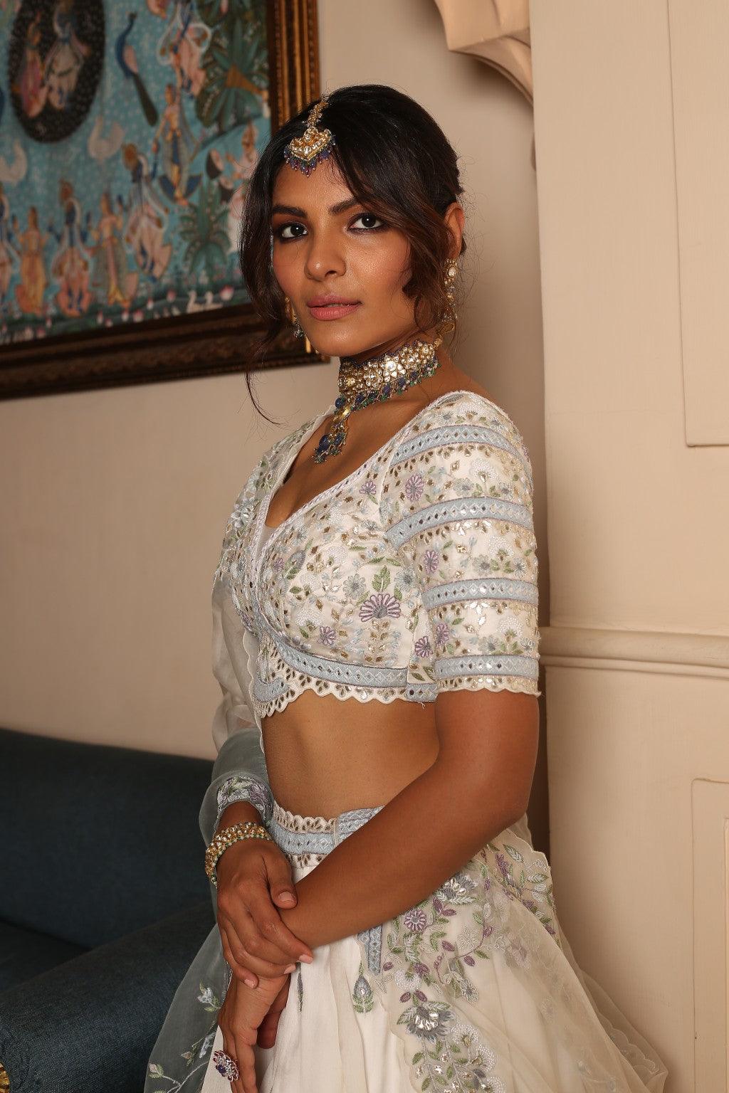 Mahiraa Ivory Satin Organza Lehenga With Kora Threadwork & Shaded Ivory To Ice Grey Dupatta