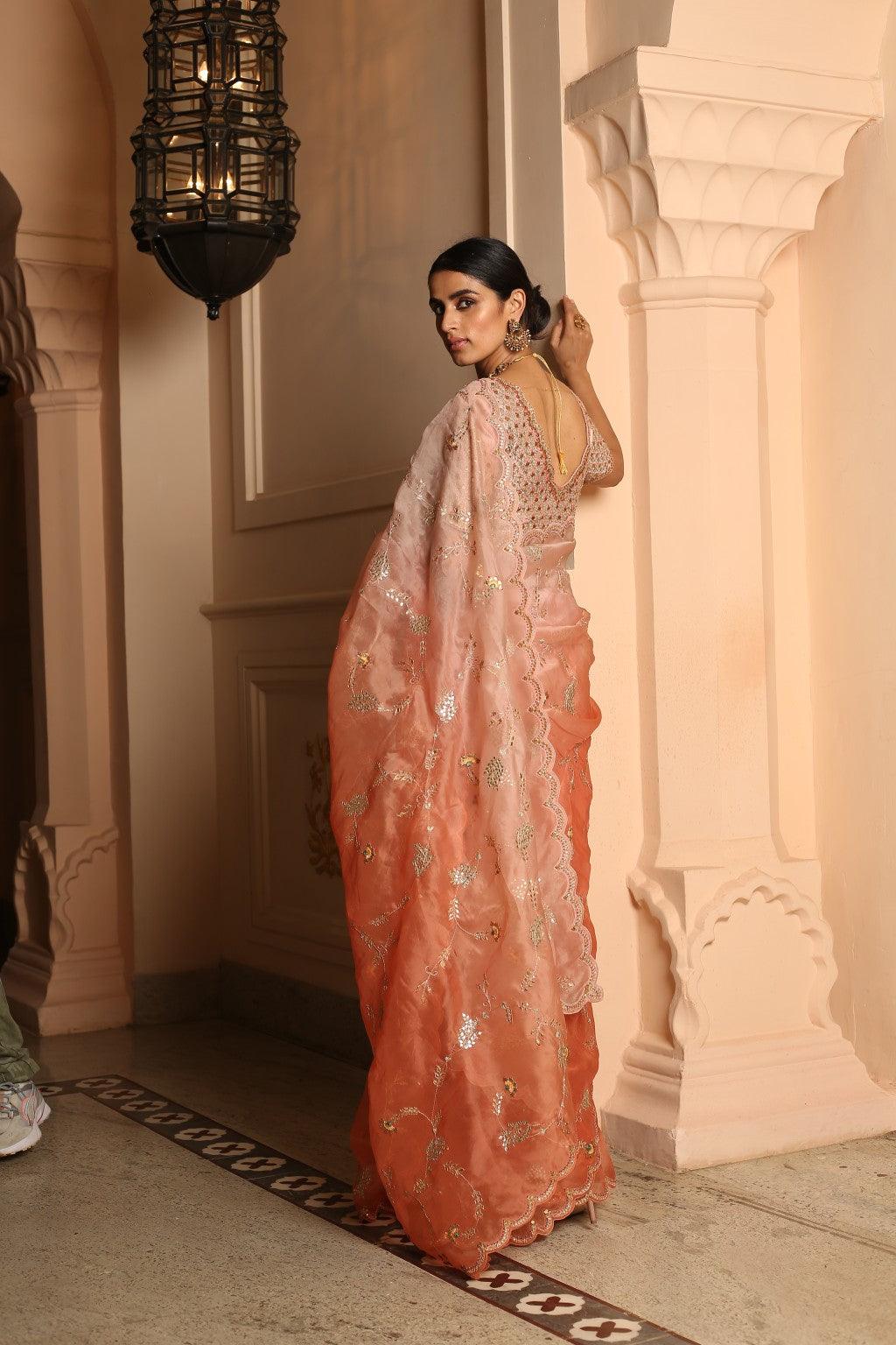 Malika Peach To Coral Ombre Organza Saree With Gota & Thread Jaal And Silk Blouse