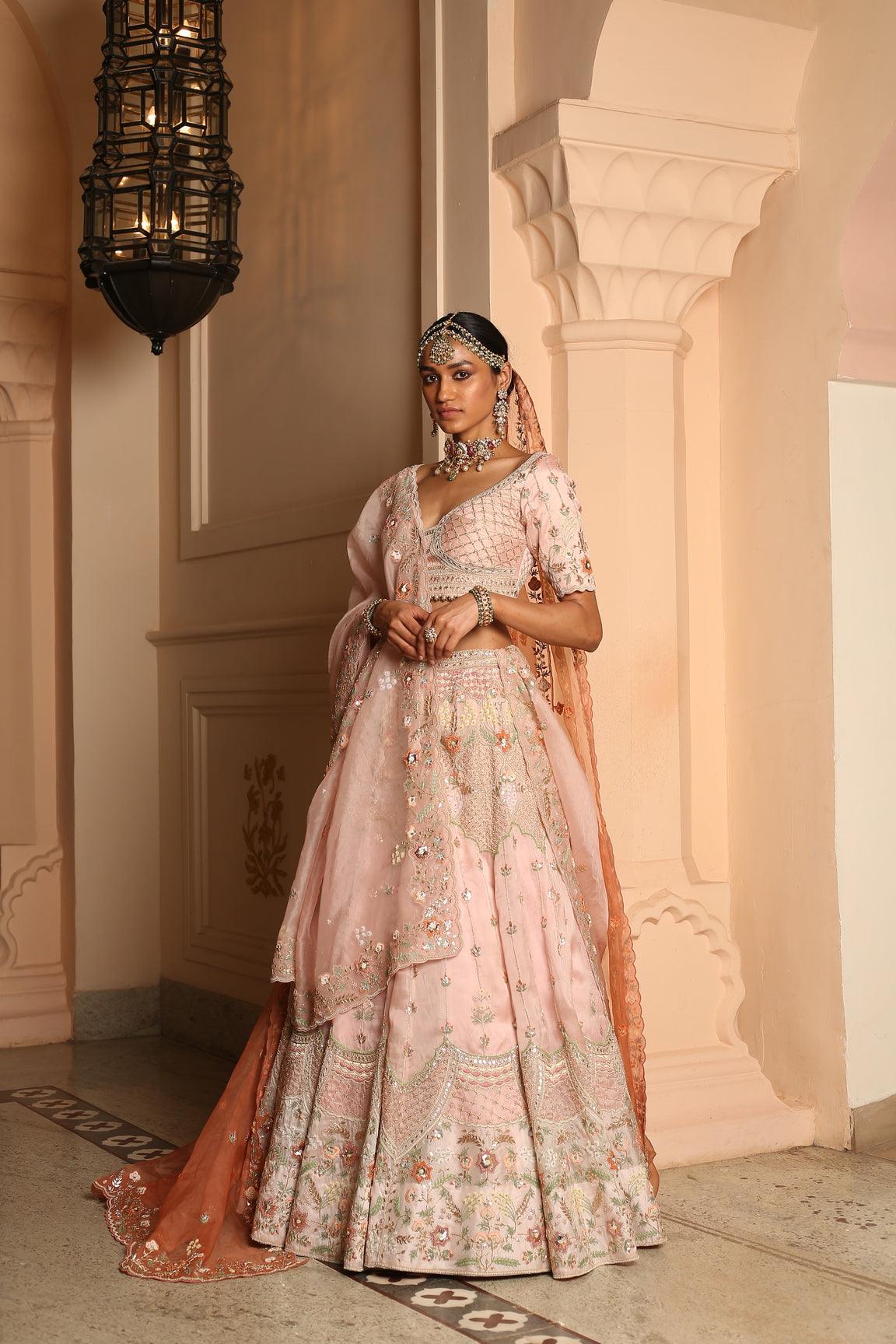 Trishala Rose Pink Applique Lehenga Set With Gota Threadwork & Blush Organza Dupatta