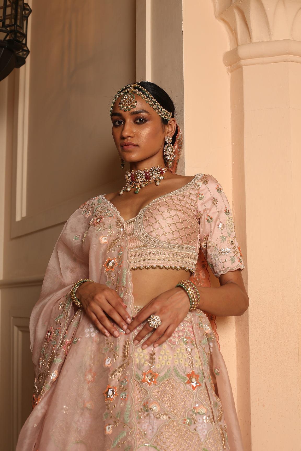 Trishala Rose Pink Applique Lehenga Set With Gota Threadwork & Blush Organza Dupatta