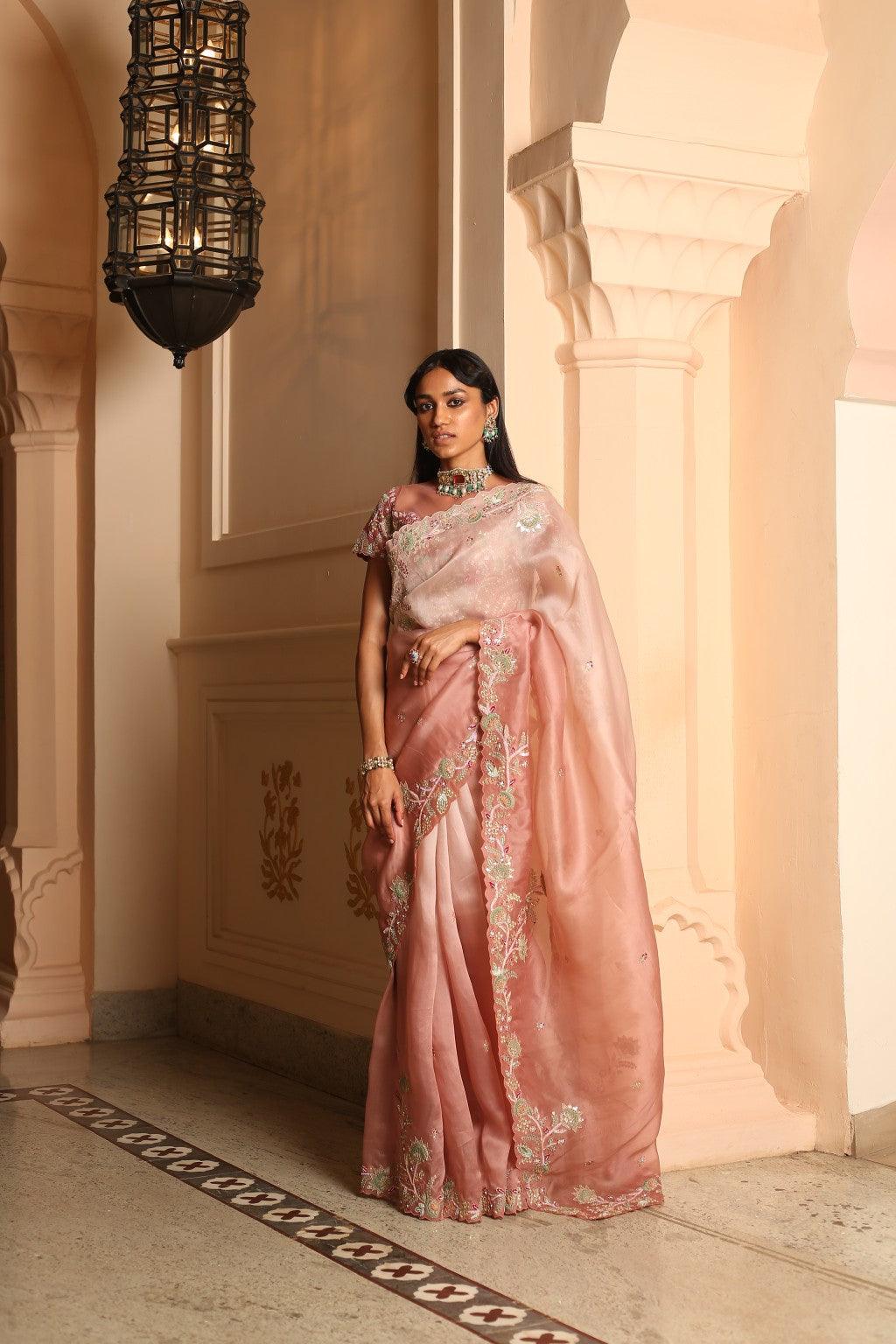 Nangaii Peach To Onion Pink Ombre Organza Saree With Gota & Threadwork And Kora Silk Blouse