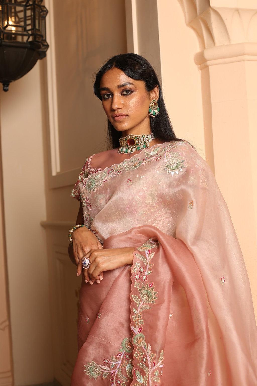 Nangaii Peach To Onion Pink Ombre Organza Saree With Gota & Threadwork And Kora Silk Blouse