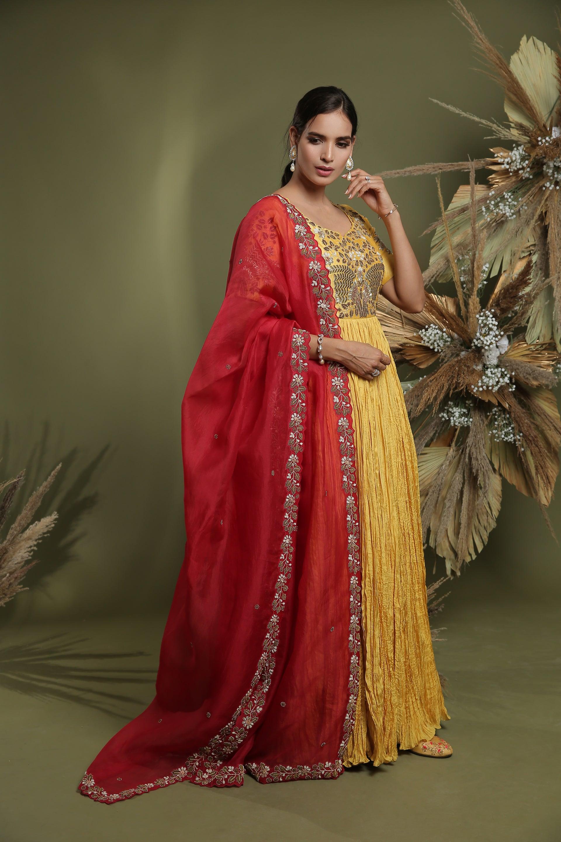 Mustard Silk Embroidered Pleated Anarkali