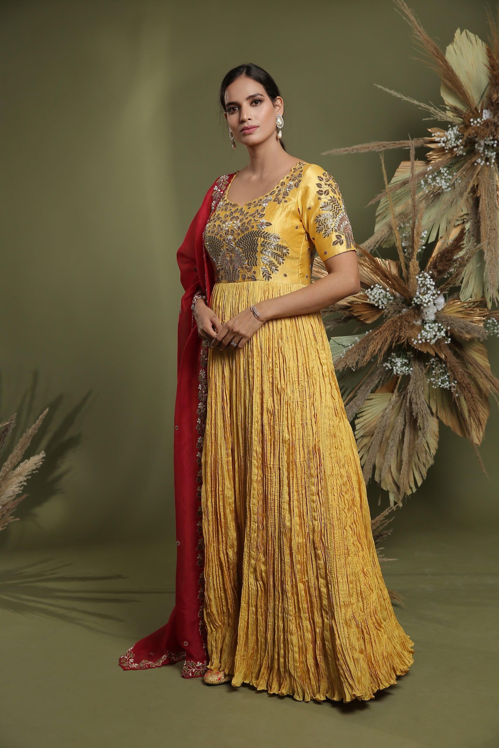 Mustard Silk Embroidered Pleated Anarkali