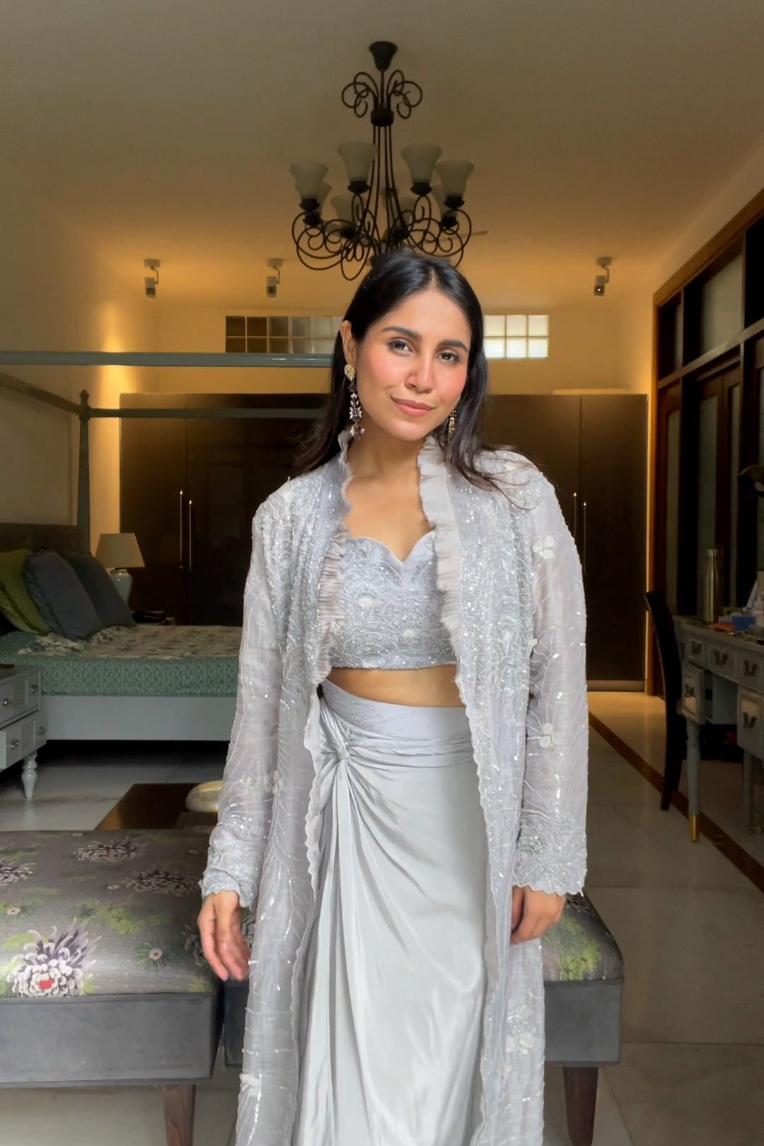 Bloom Chanderi Linen Jacket With Bustier & Satin Georgette Drape Skirt