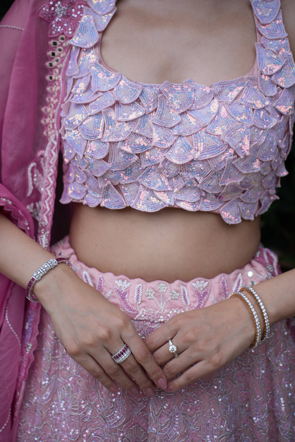 Baby Pink to Dark Leheriya Pink Satin Organza Lehenga with Blouse and Dupatta