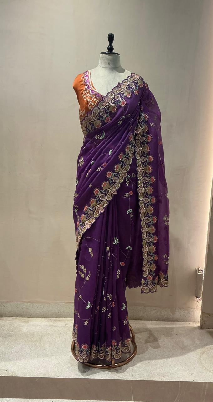Purple Embroidered Silk Saree with Contrast Orange Blouse