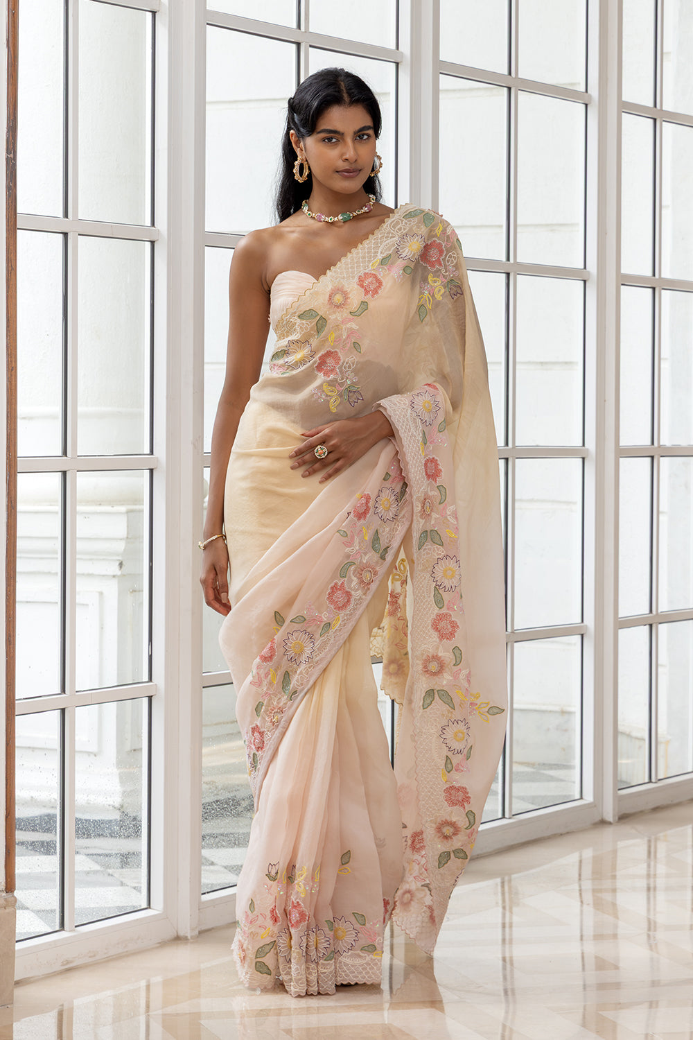 Noelle Cream Embroidered Saree with Matching Strapless Blouse