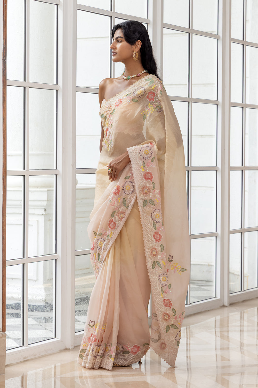 Noelle Cream Embroidered Saree with Matching Strapless Blouse
