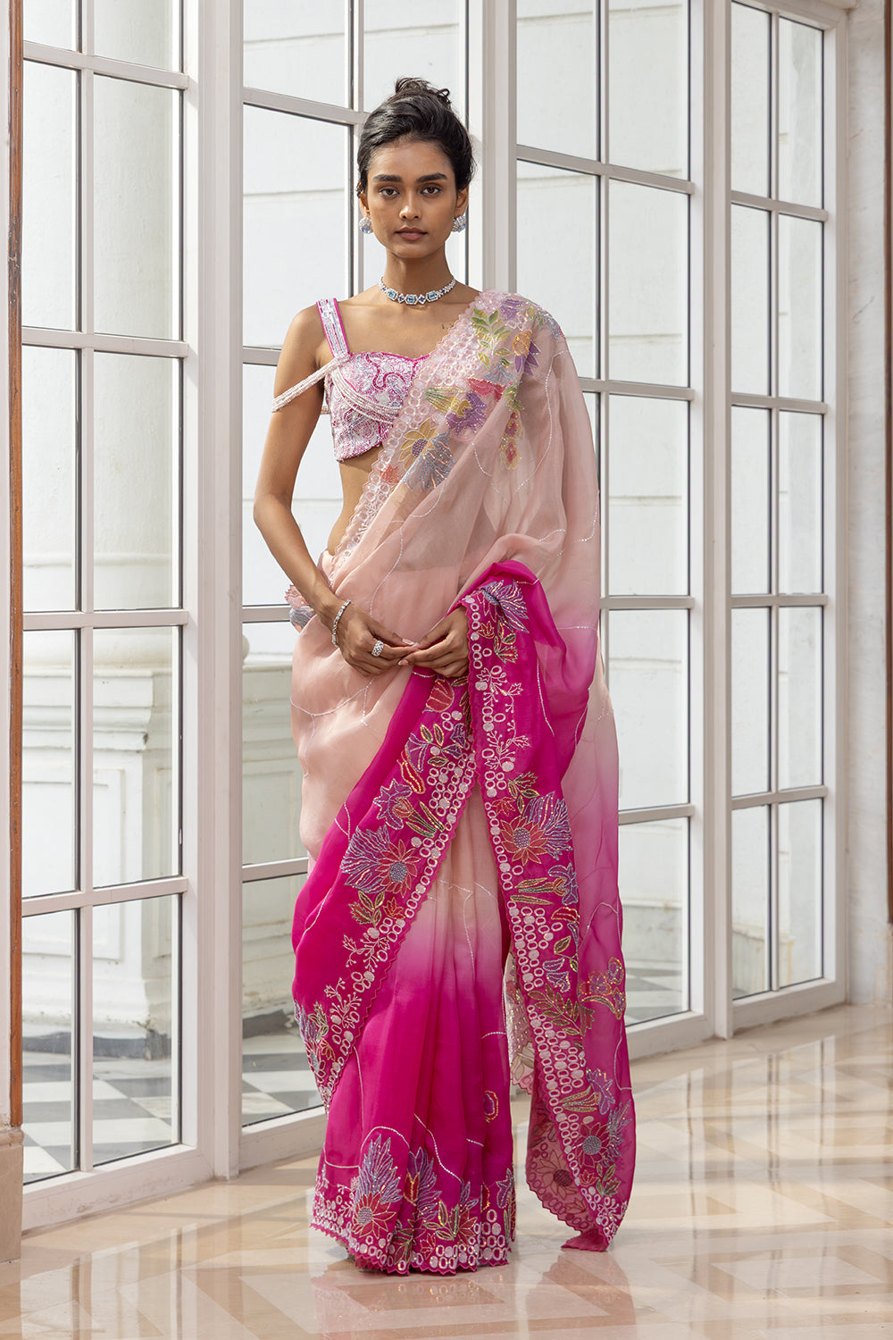 Rosané Embroidered Draped Saree with Embellished Double Shoulder Straps Blouse