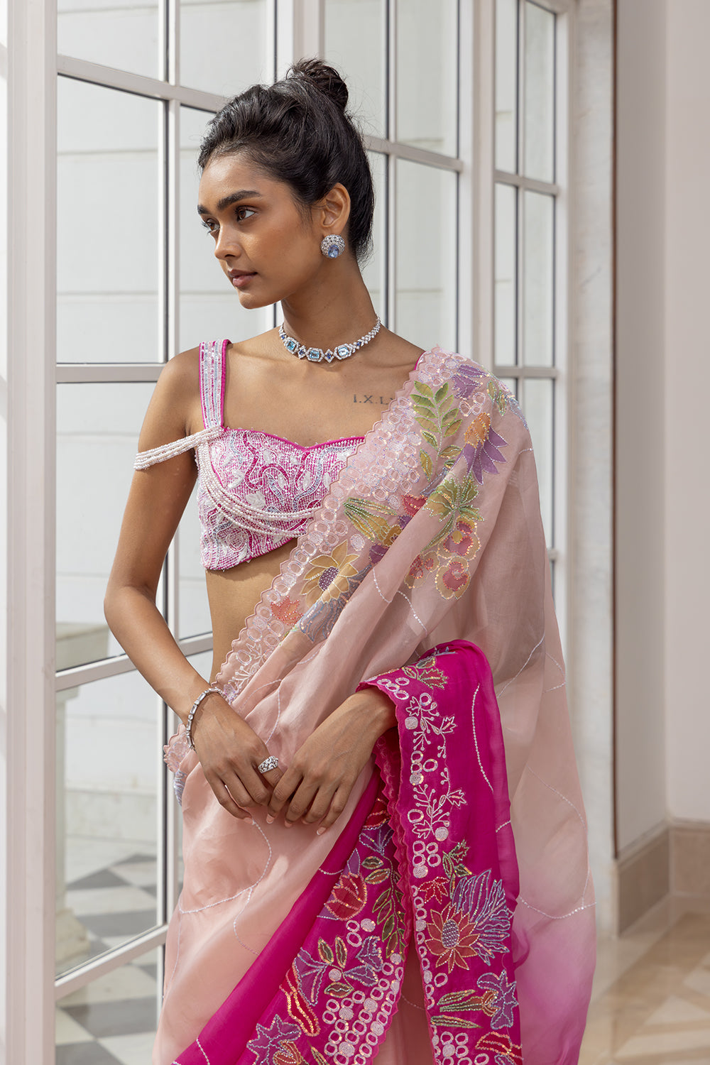 Rosané Embroidered Draped Saree with Embellished Double Shoulder Straps Blouse
