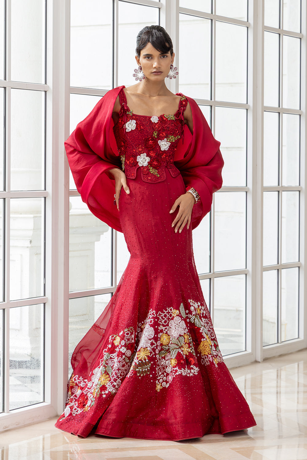 Valencia Red Kali and Circular Lehenga with 3D Embroidered Corset