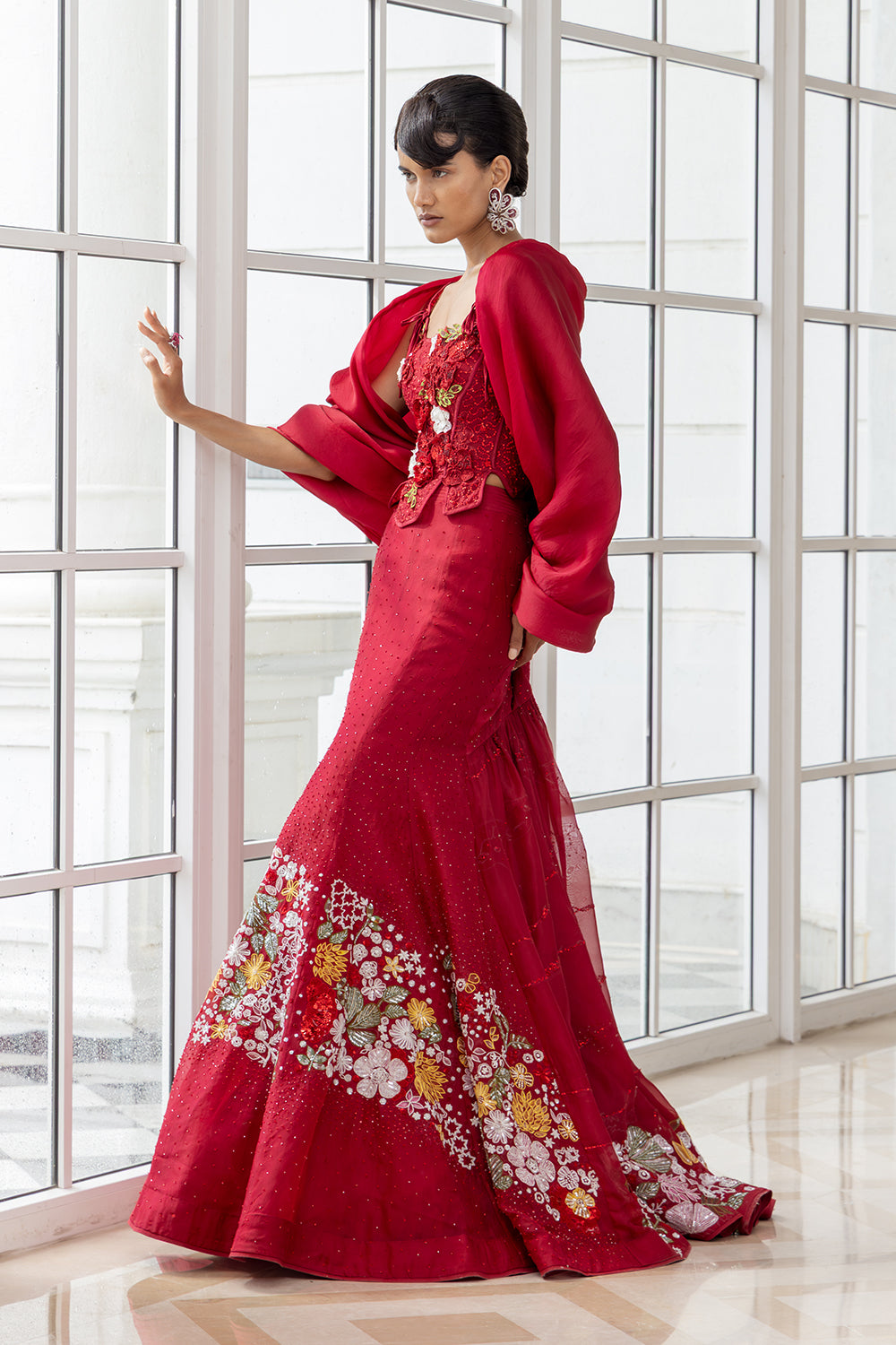 Valencia Red Kali and Circular Lehenga with 3D Embroidered Corset