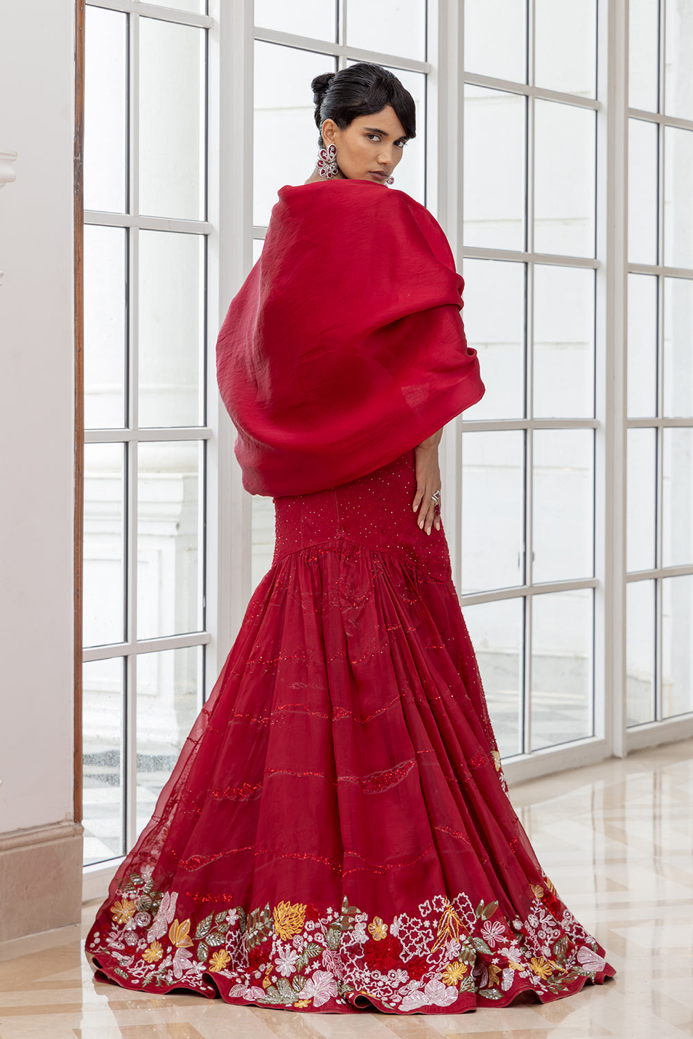 Valencia Red Kali and Circular Lehenga with 3D Embroidered Corset