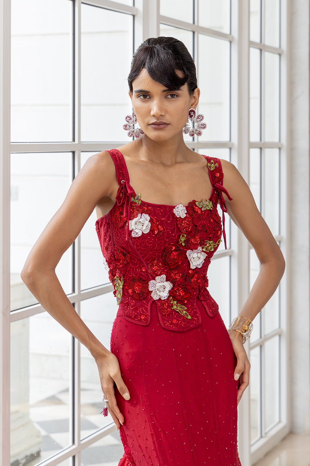 Valencia Red Kali and Circular Lehenga with 3D Embroidered Corset