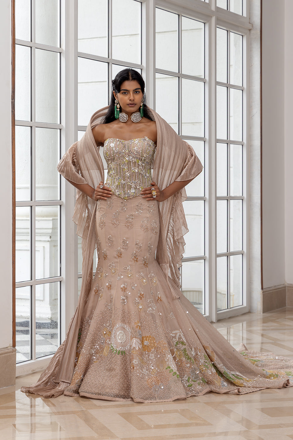 Anastasia Beige Kali Circular Skirt with Embellished Corset