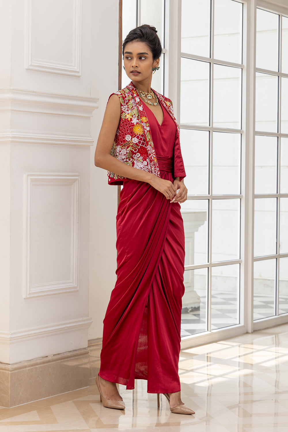 Thessaly Red Bulero Embroidered Jacket and Draped Dress