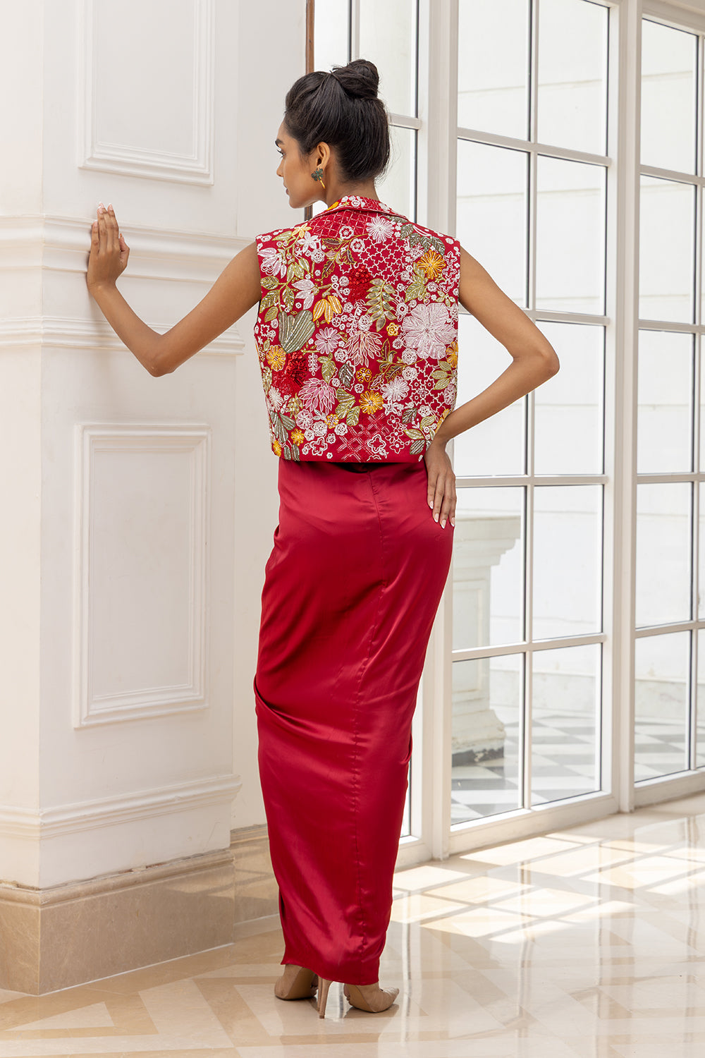 Thessaly Red Bulero Embroidered Jacket and Draped Dress
