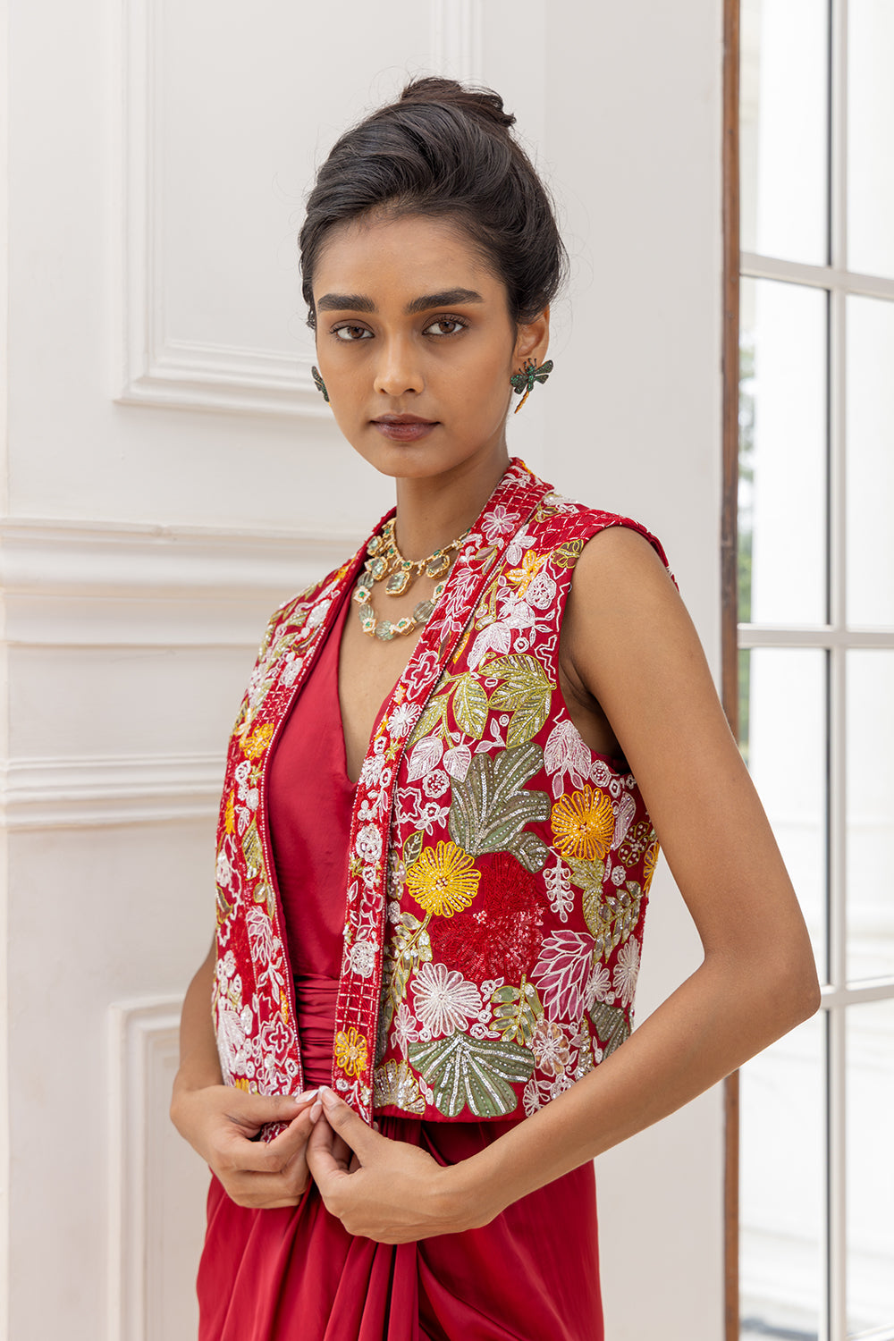 Thessaly Red Bulero Embroidered Jacket and Draped Dress